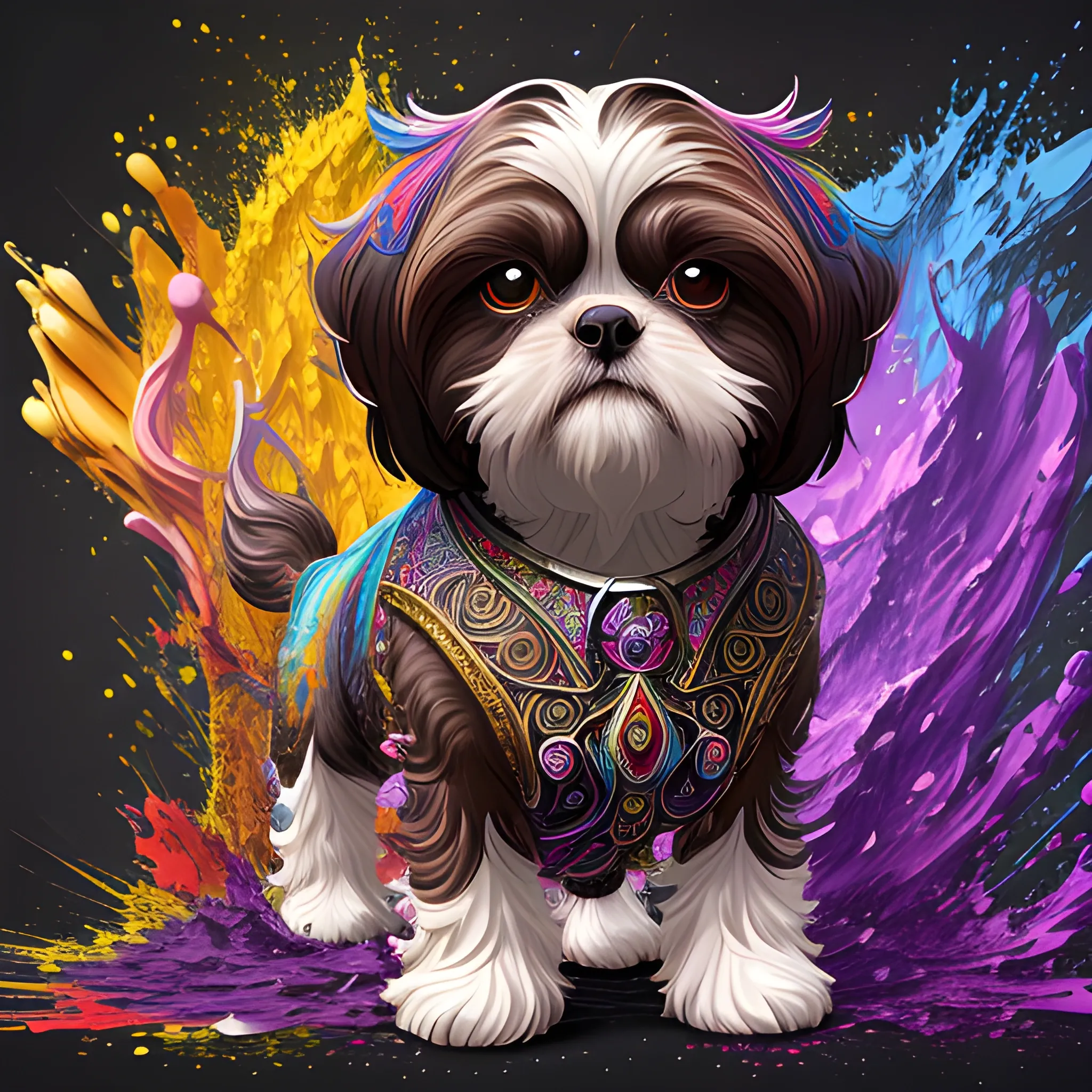 splash art, two full body dark brown liquid female shihtzu with long hair, splash style of colourful paint, hyperdetailed intricately detailed, fantastical, intricate detail, splash screen, complementary colours, fantasy, concept art, 8k resolution