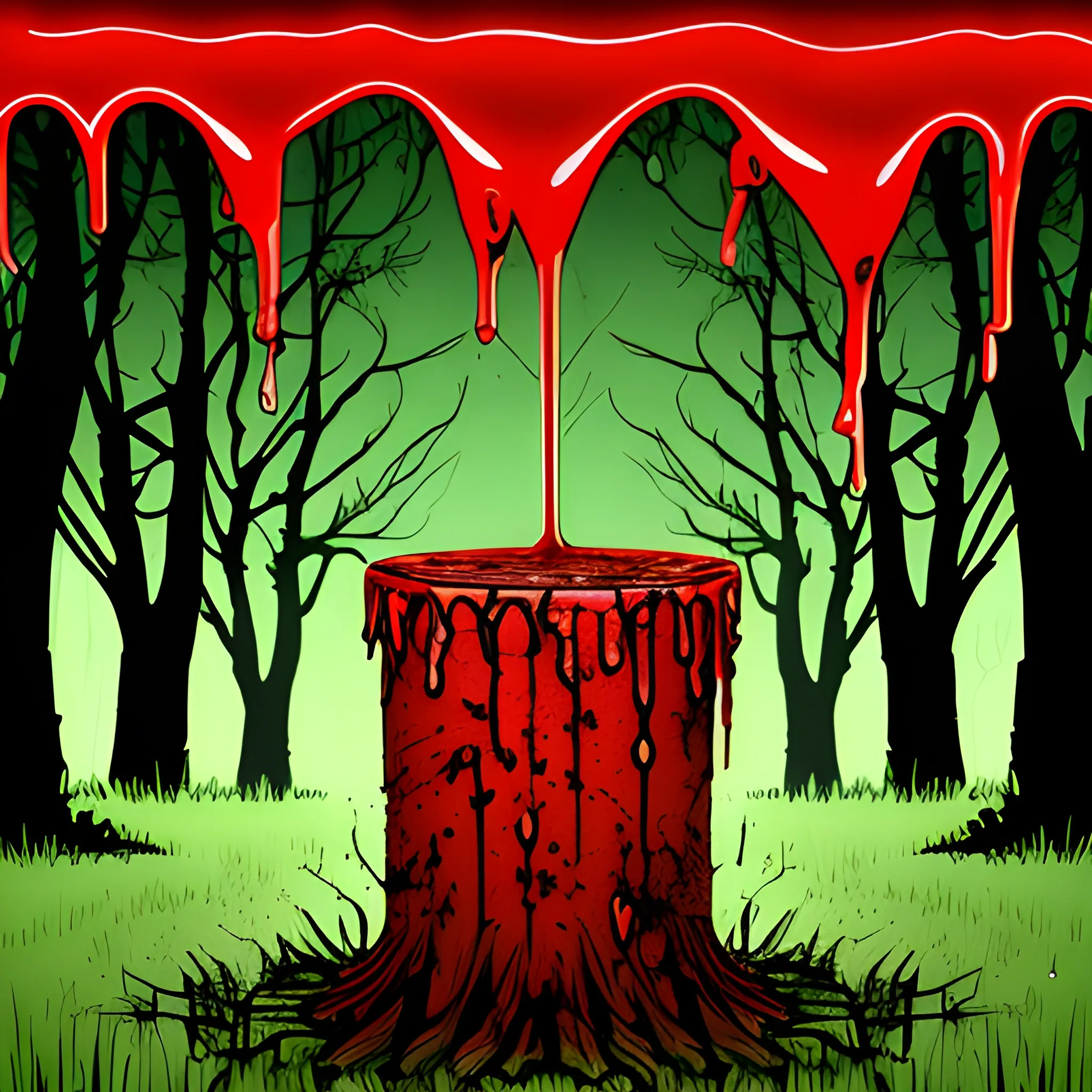 Bloody zombie blood dripping, forest background, hyper deformed, Cartoon, Trippy
