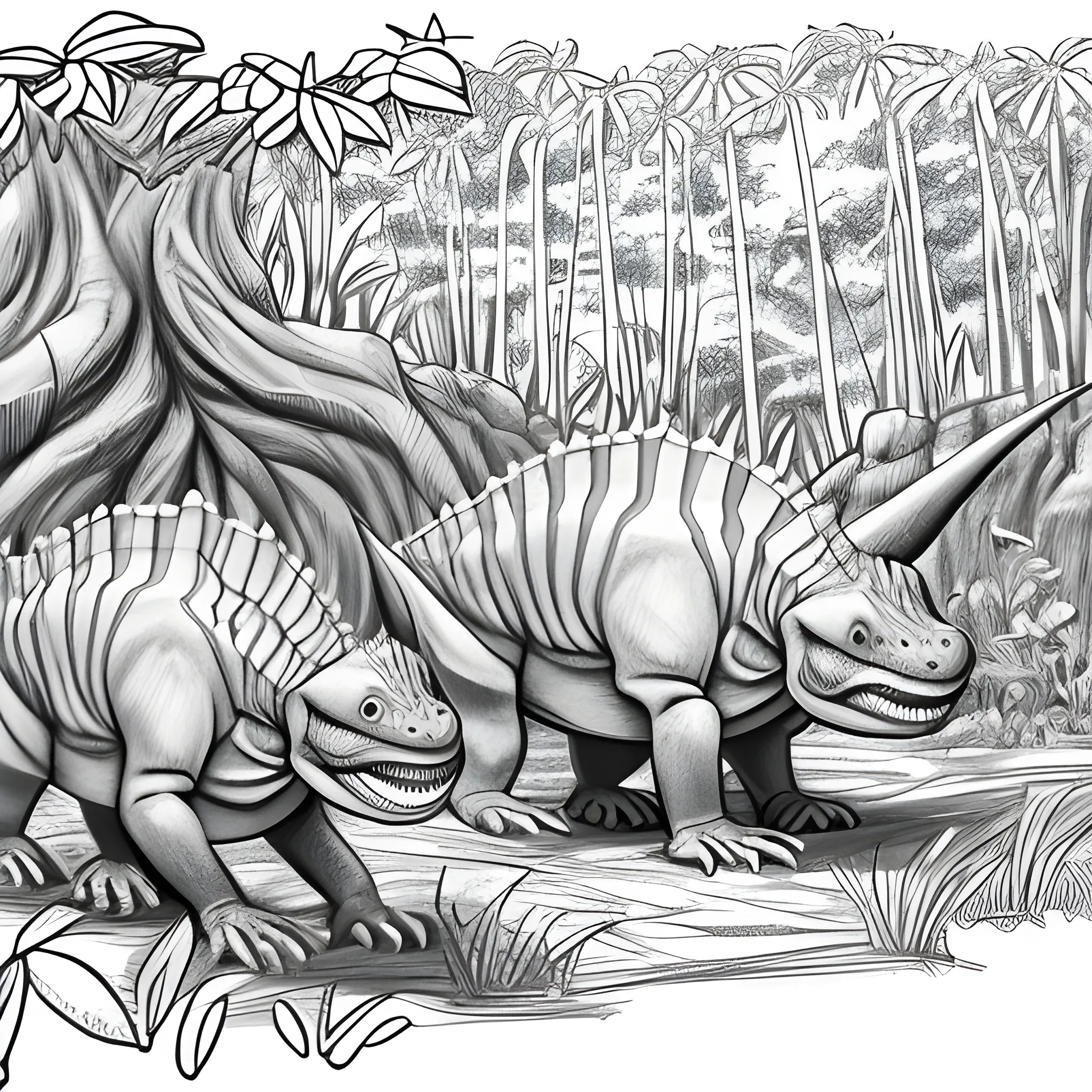 desenho de colorir para crianças, dinossauro em uma selva, de frente, estilo dos desenhos animados, linhas grossas, baixo detalhe, sem sombreamento, Sketch
monocromático, sem distorsão, Cartoon