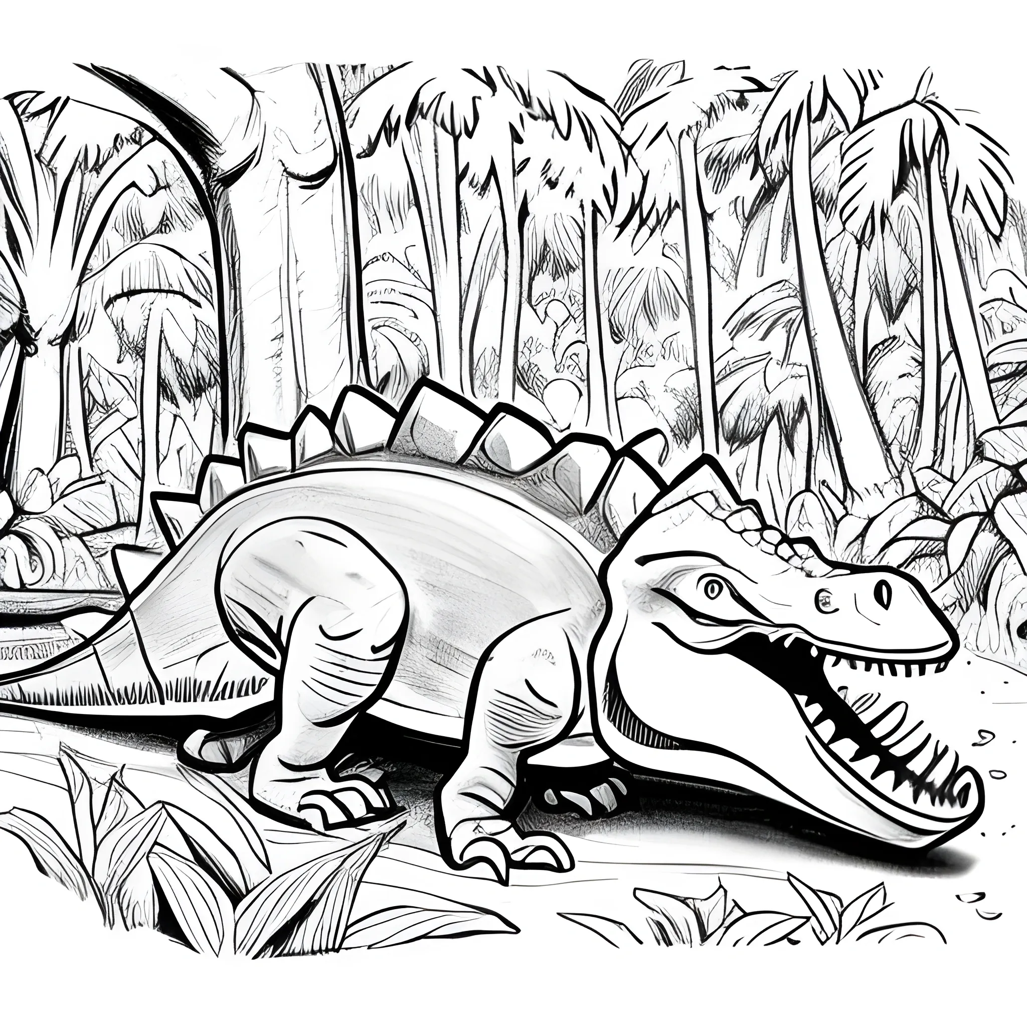 desenho de Desenhos para colorir para crianças, dinossauro em uma selva, de frente, estilo dos desenhos animados, linhas grossas, baixo detalhe, sem sombreamento, Sketch
monochrome, no distortion, Cartoon