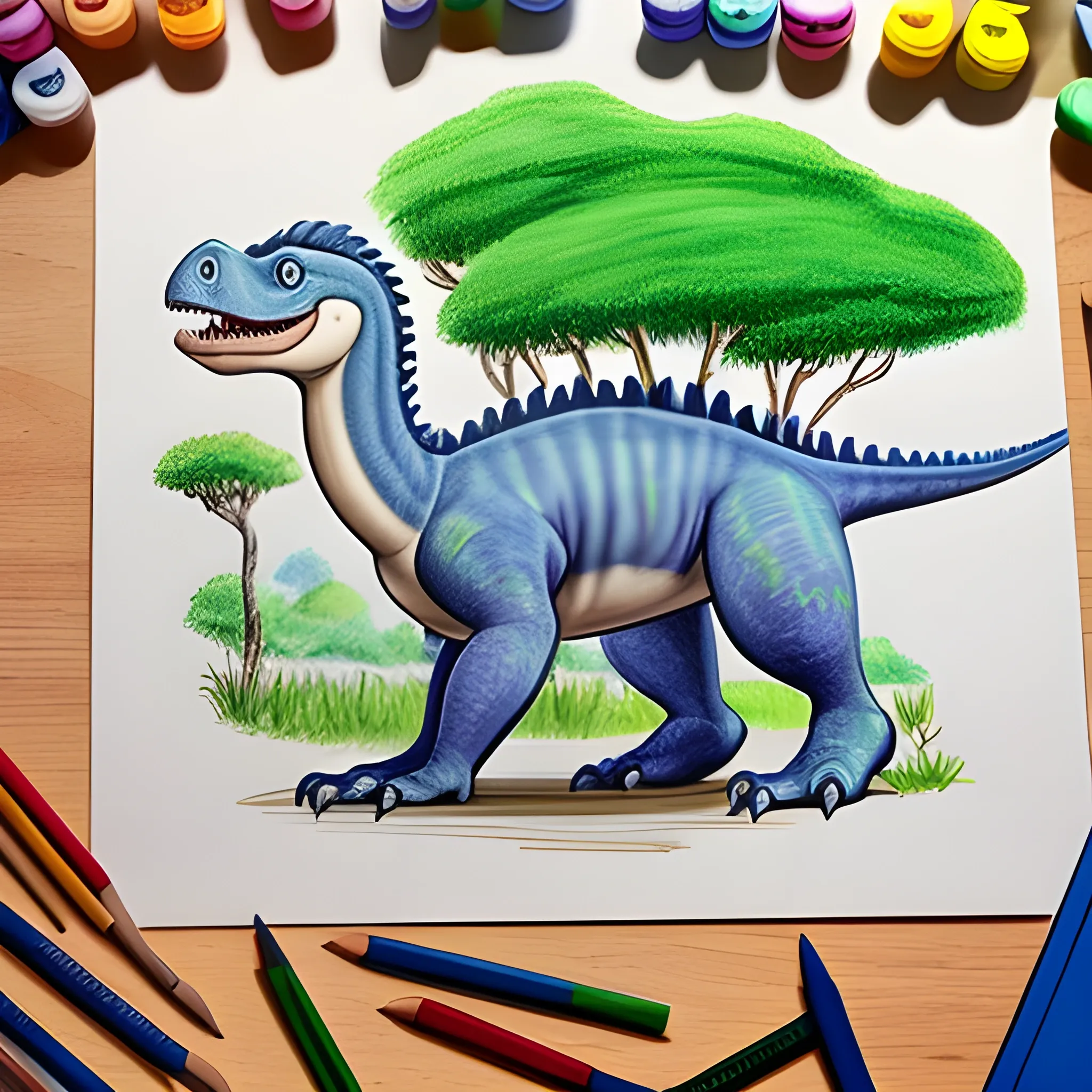 desenho de Desenhos para colorir para crianças, dinossauro em uma selva, de frente, estilo dos desenhos animados, linhas grossas, baixo detalhe, sem sombreamento,