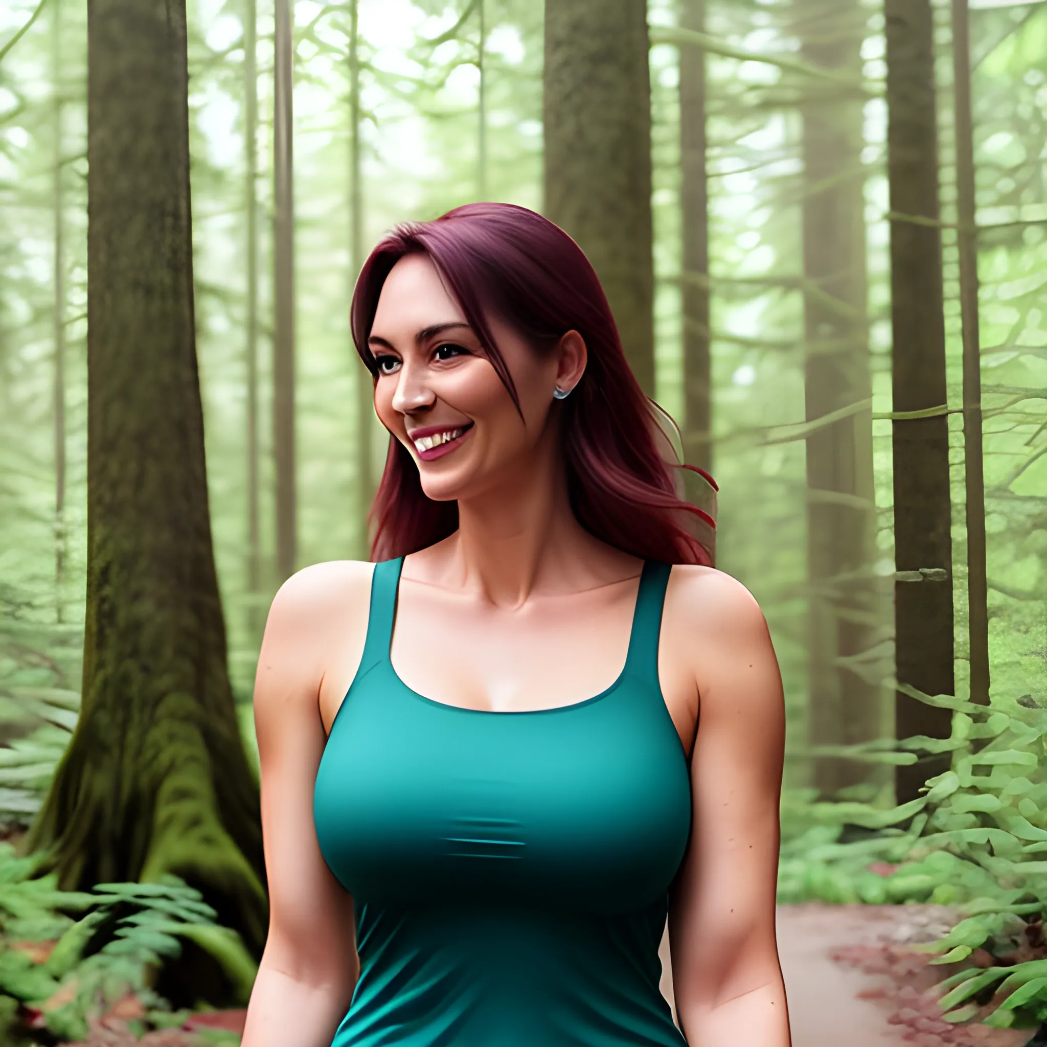 A girl was walking in the forest,front side,close-up,upper body,smile
