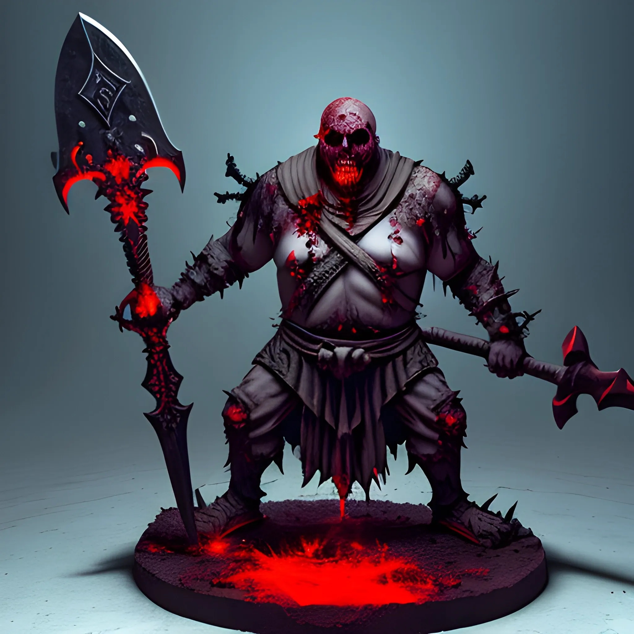 Huge Undead Man, Carrying Massive Axe, Sword Impaled On The Top Of His Head, Wearing Steel Shoulder guards, His Heart Is A Furnace, Glowing Red Eyes