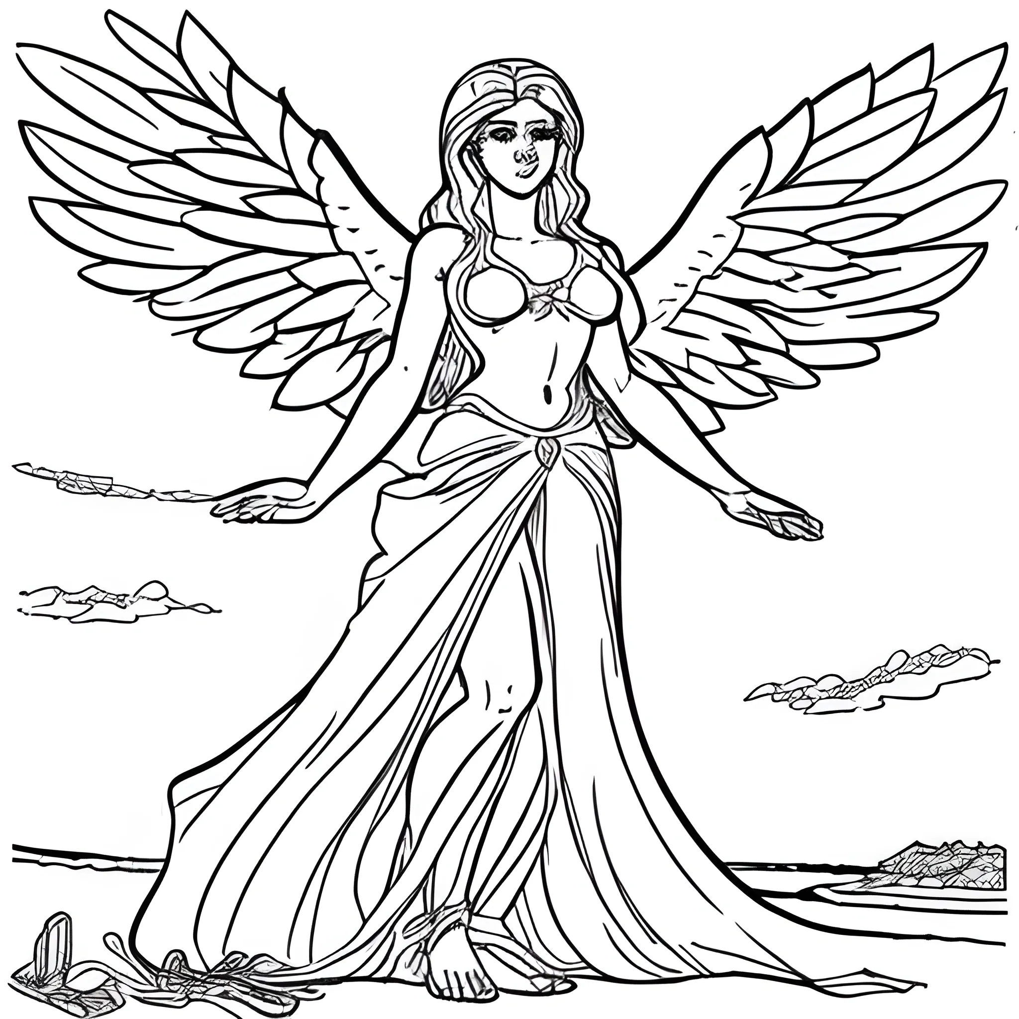 dibujo para colorear de hermosa angel a la orilla de la playa


