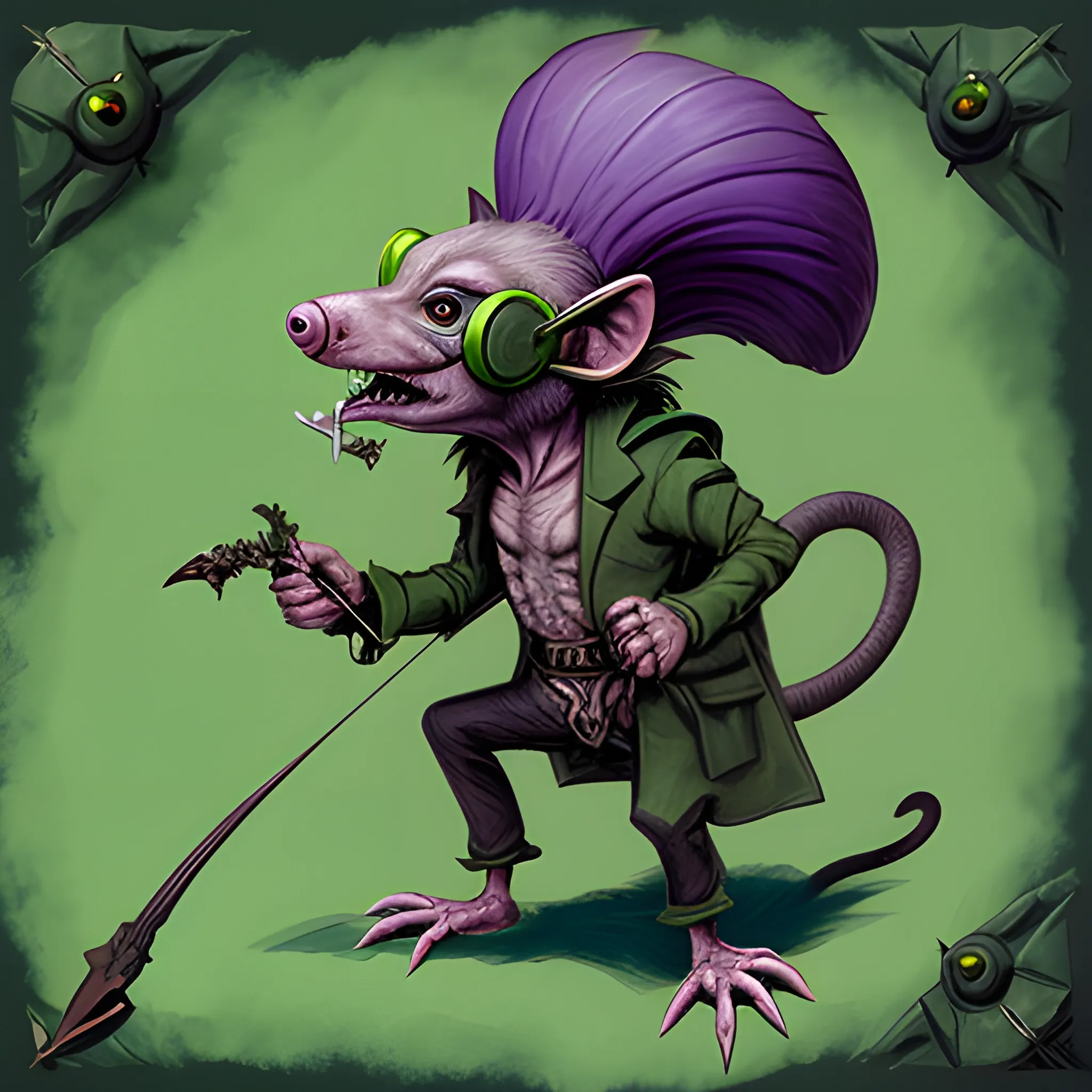 Humanoid Rat Creature, Carries A Poisonous Crossbow, Consumed By A Poison Cloud, Wearing Eye Goggles, And A Green Suit