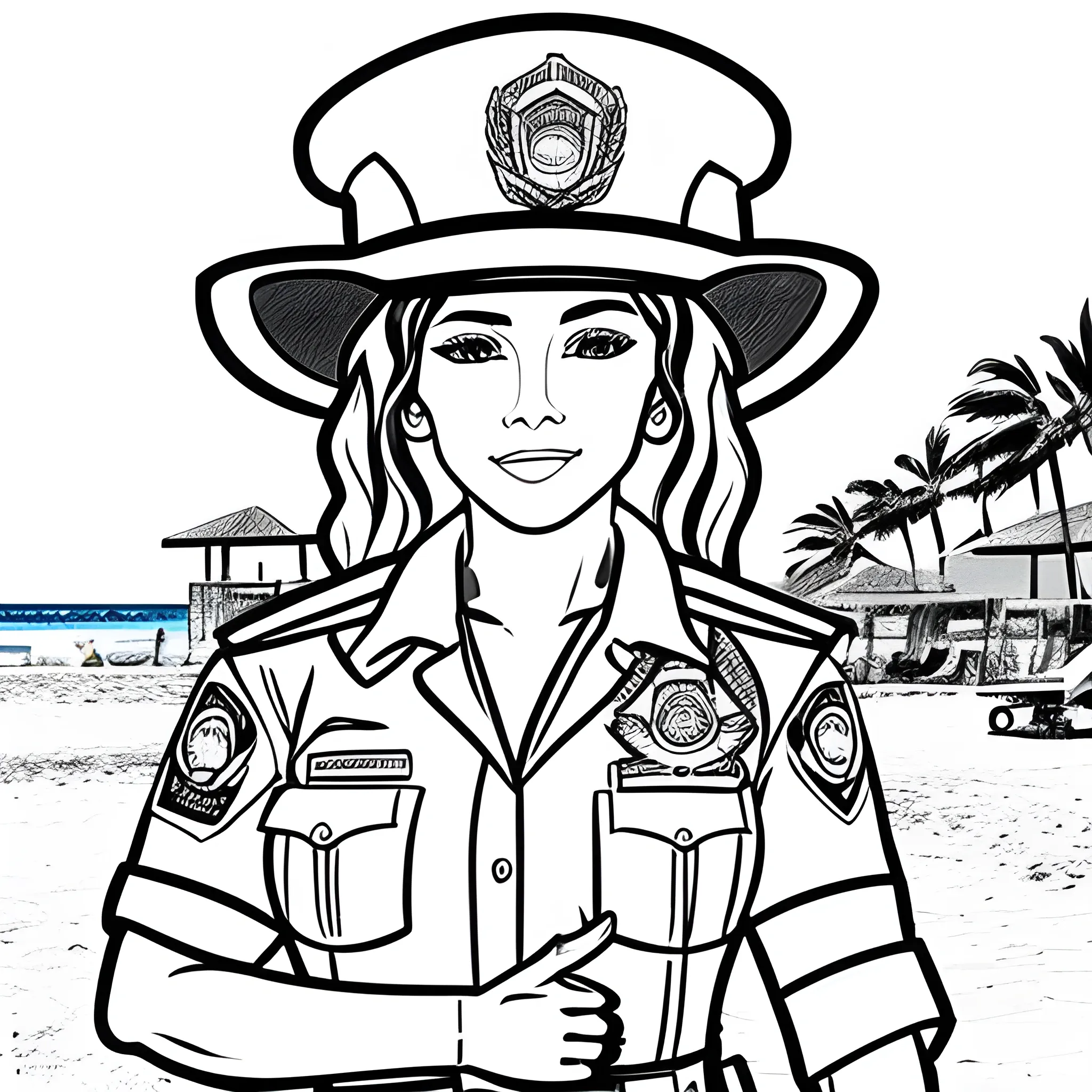 dibujo para colorear de hermosa  policia a la orilla de la playa con poca ropa




