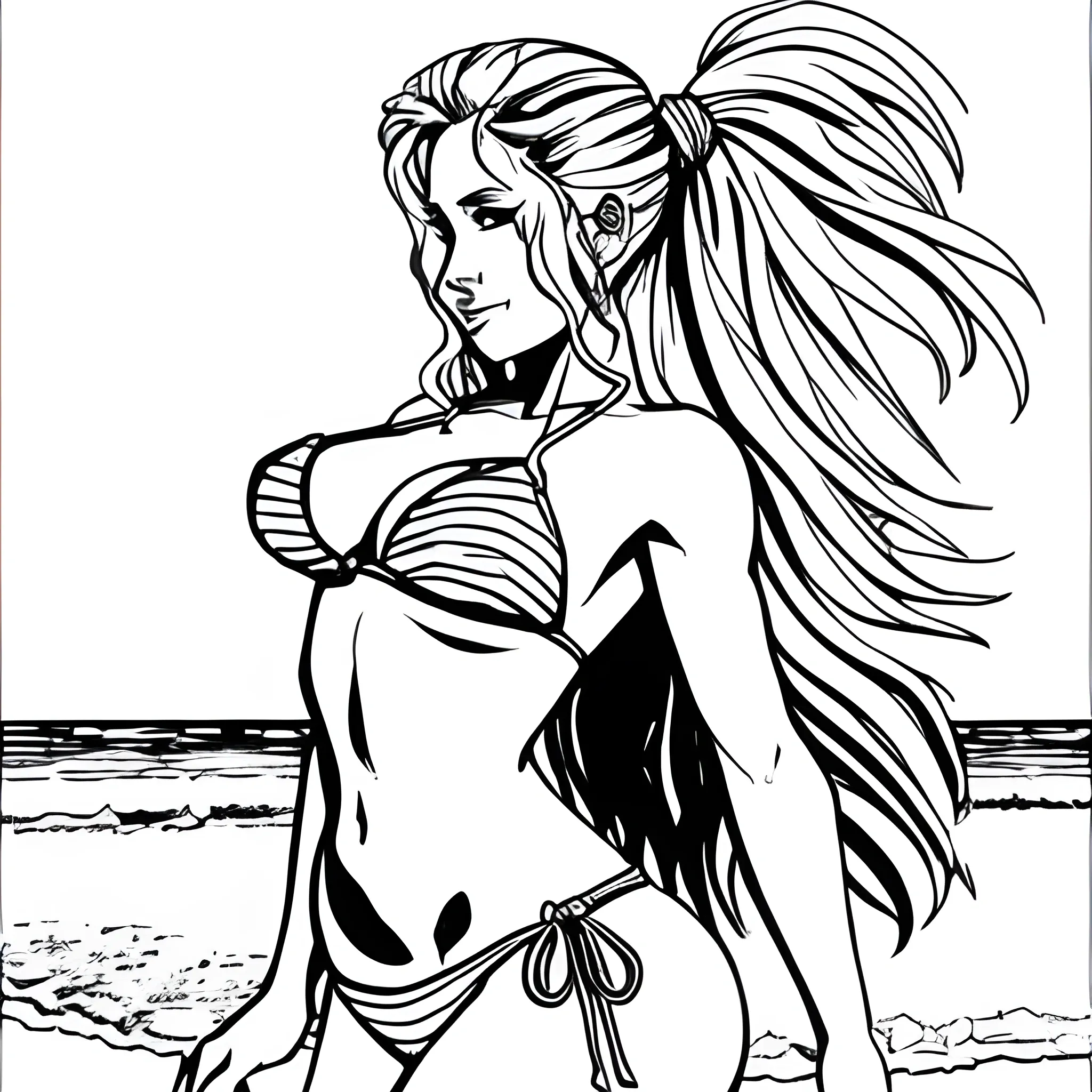 dibujo para colorear de hermosa mujer en bikini sentada en la orilla de la playa




