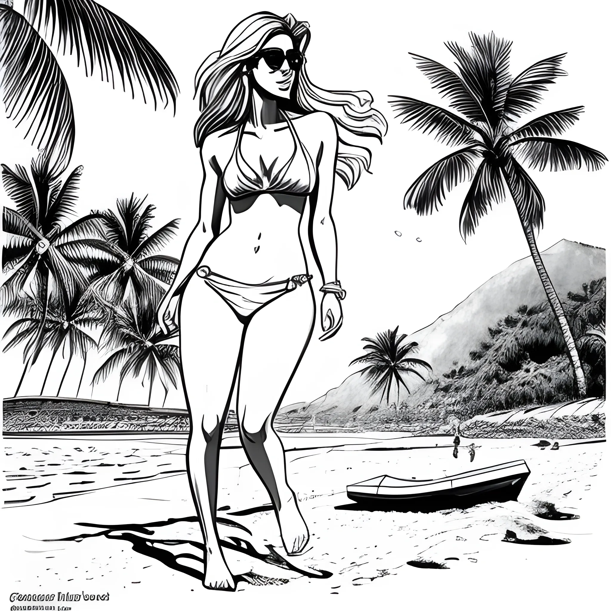 dibujo para colorear de hermosa mujer en bikini entrando a la playa 
