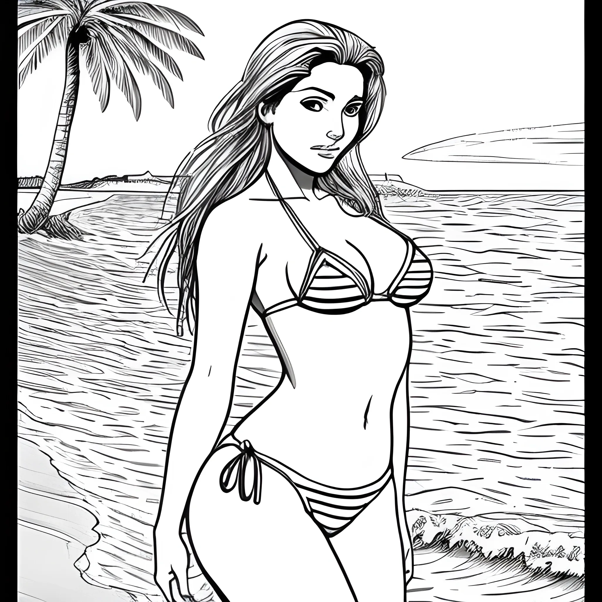 dibujo para colorear de hermosa mujer en bikini ingresando al mar 