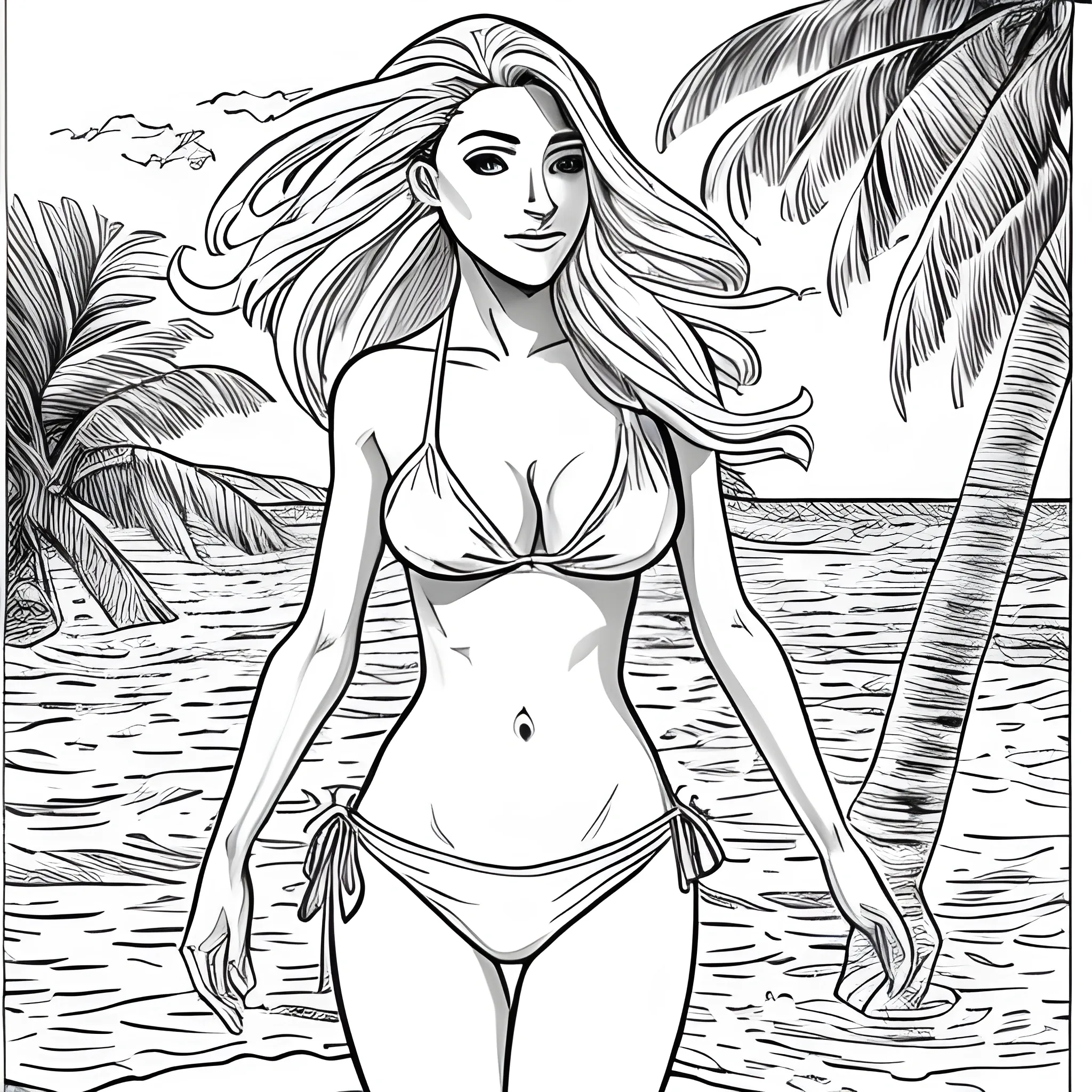 dibujo para colorear de hermosa mujer en bikini entrando al mar 