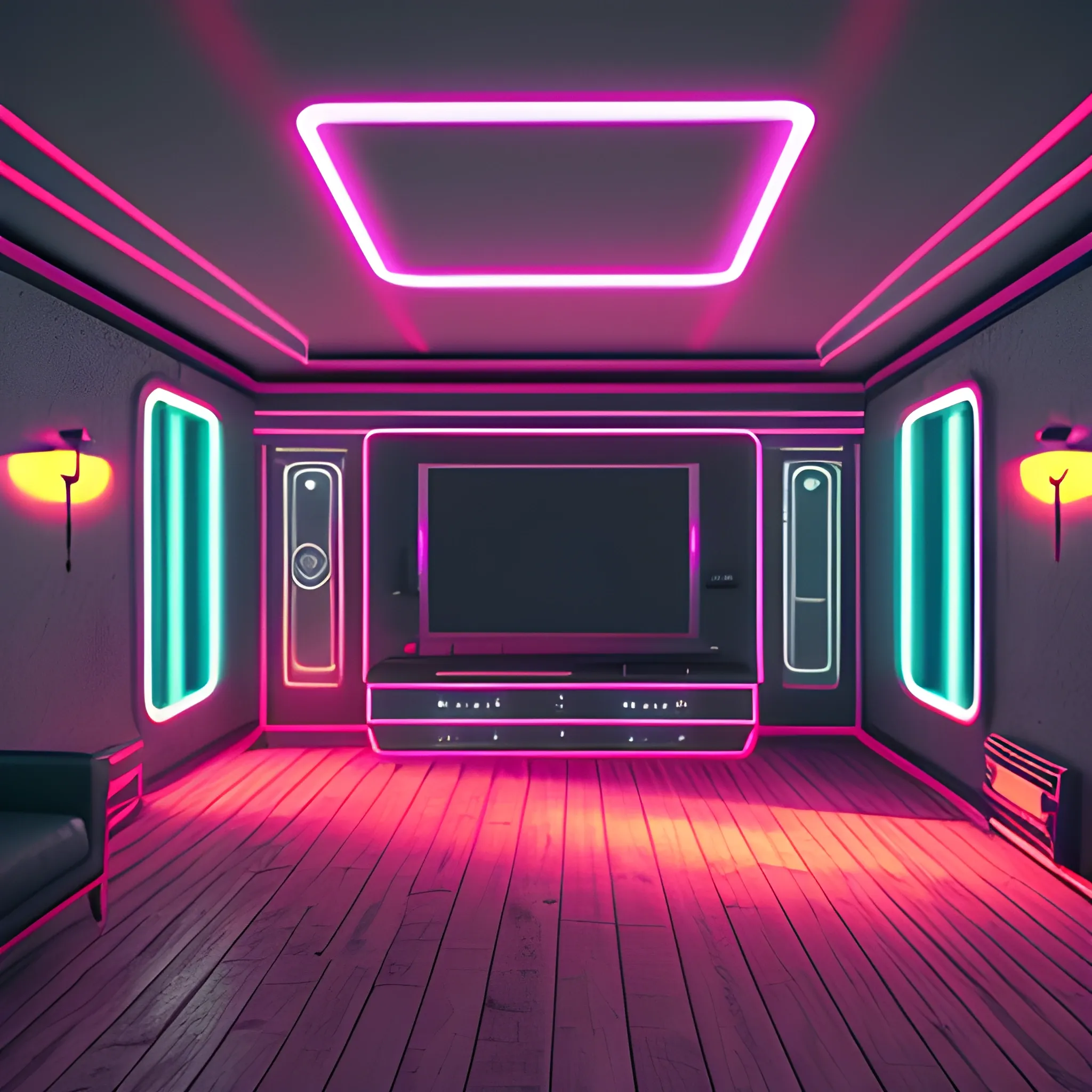 first person view see to the walls of a grey dark house, fov is 100, retro, seeing a smartphone in a right side, little neon lights in ceiling, watching TV, brazil style, vintage style, 8k, ultra hd, unreal engine
