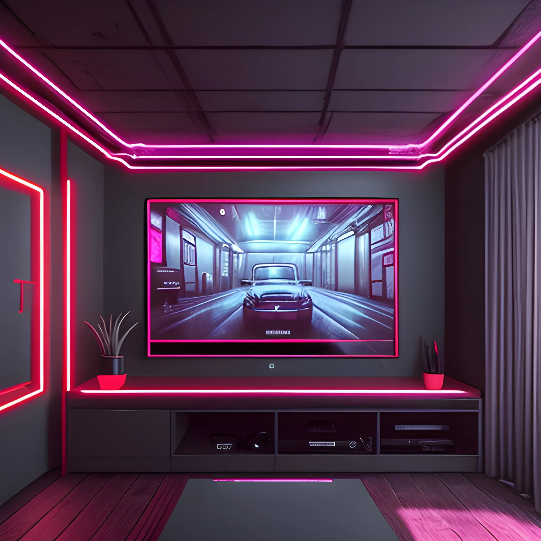 first person view see to the walls of a grey dark house, fov is 100, retro, seeing a smartphone in a right side, little neon lights in ceiling, watching TV, brazil style, vintage style, 8k, ultra hd, unreal engine
