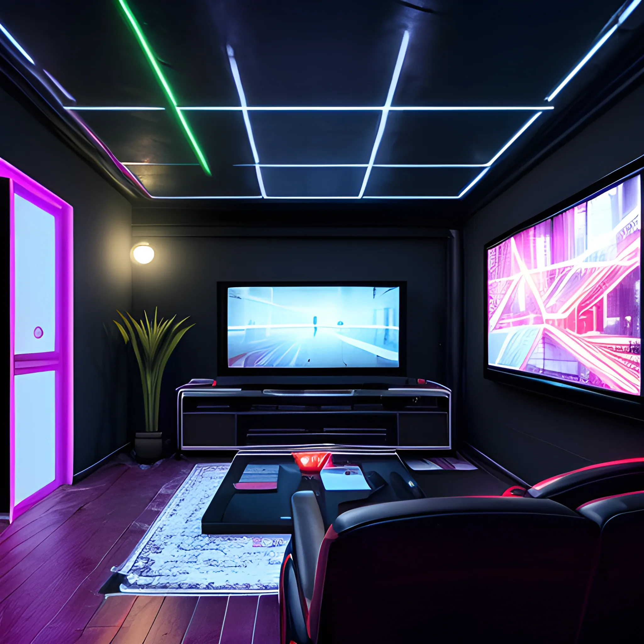 first person view see to the walls of a grey dark house, fov is 100, retro, seeing a smartphone in a right side, little neon lights in ceiling, watching TV, brazil style, vintage style, 8k, ultra hd, unreal engine
a cinematic view, a tv, sittting in sofa, with various frames in wall, trippy
