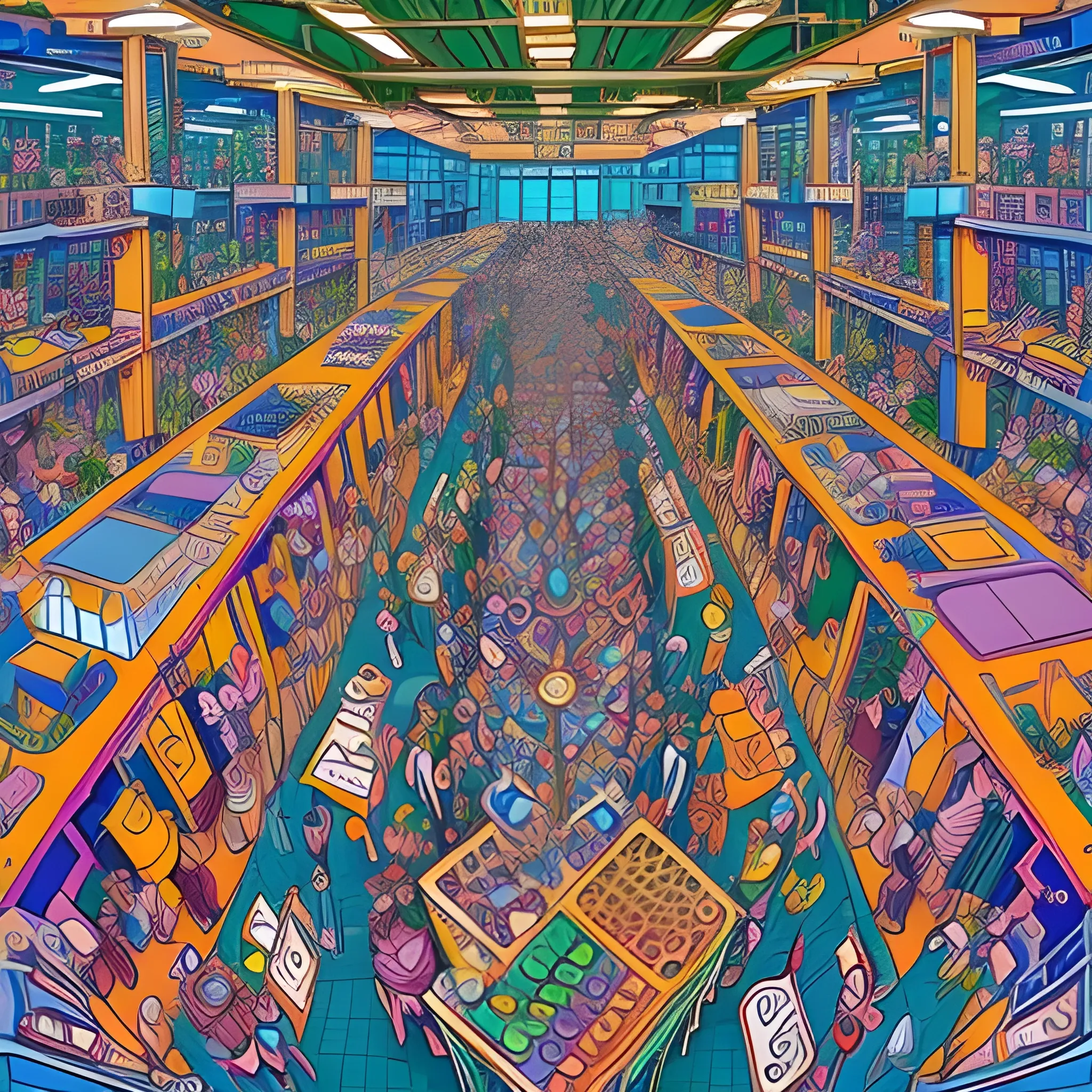 a crowded scene in an tech factory, with full security, open plan, top view, by jeff carslile, colorful, intricate, highly detailed, rich colors,  cartoonish, studio ghibli, where's waldo style, Trippy
