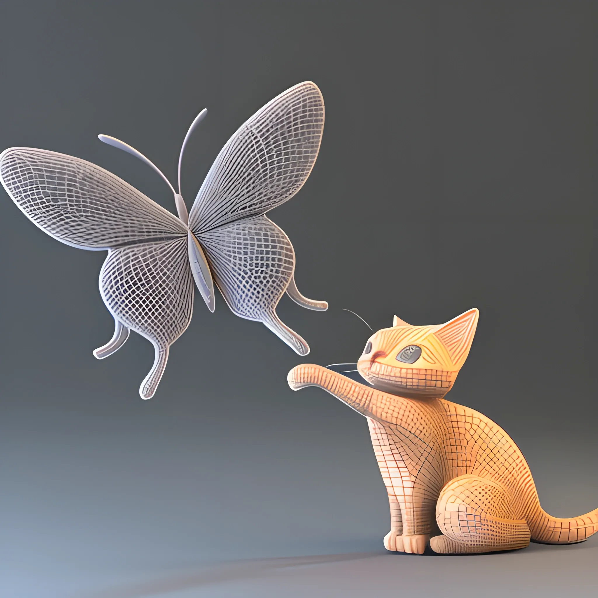 gato tumbade en cesped con una mariposa, 3D