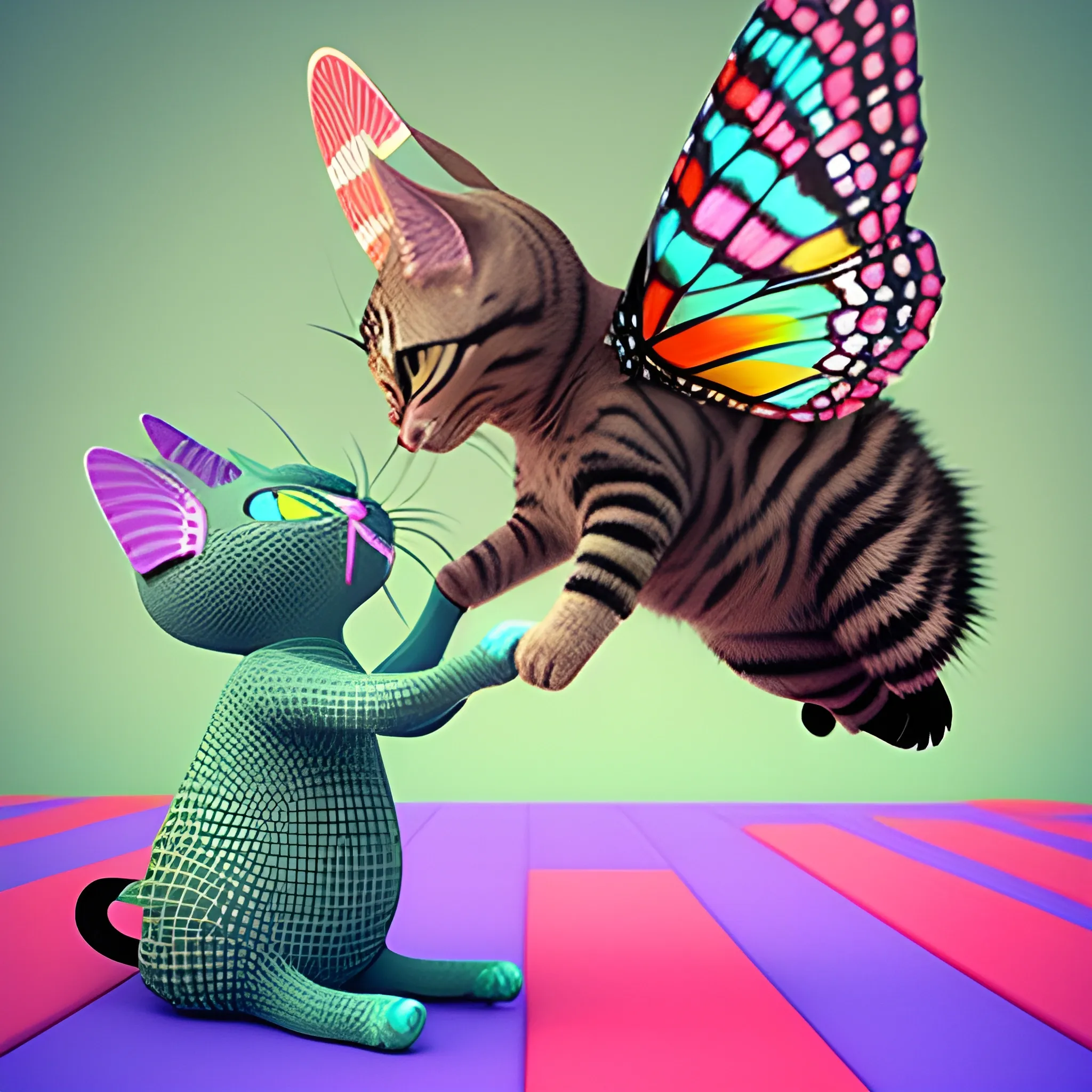 gato tumbando en cesped con una mariposa, 3D, Trippy