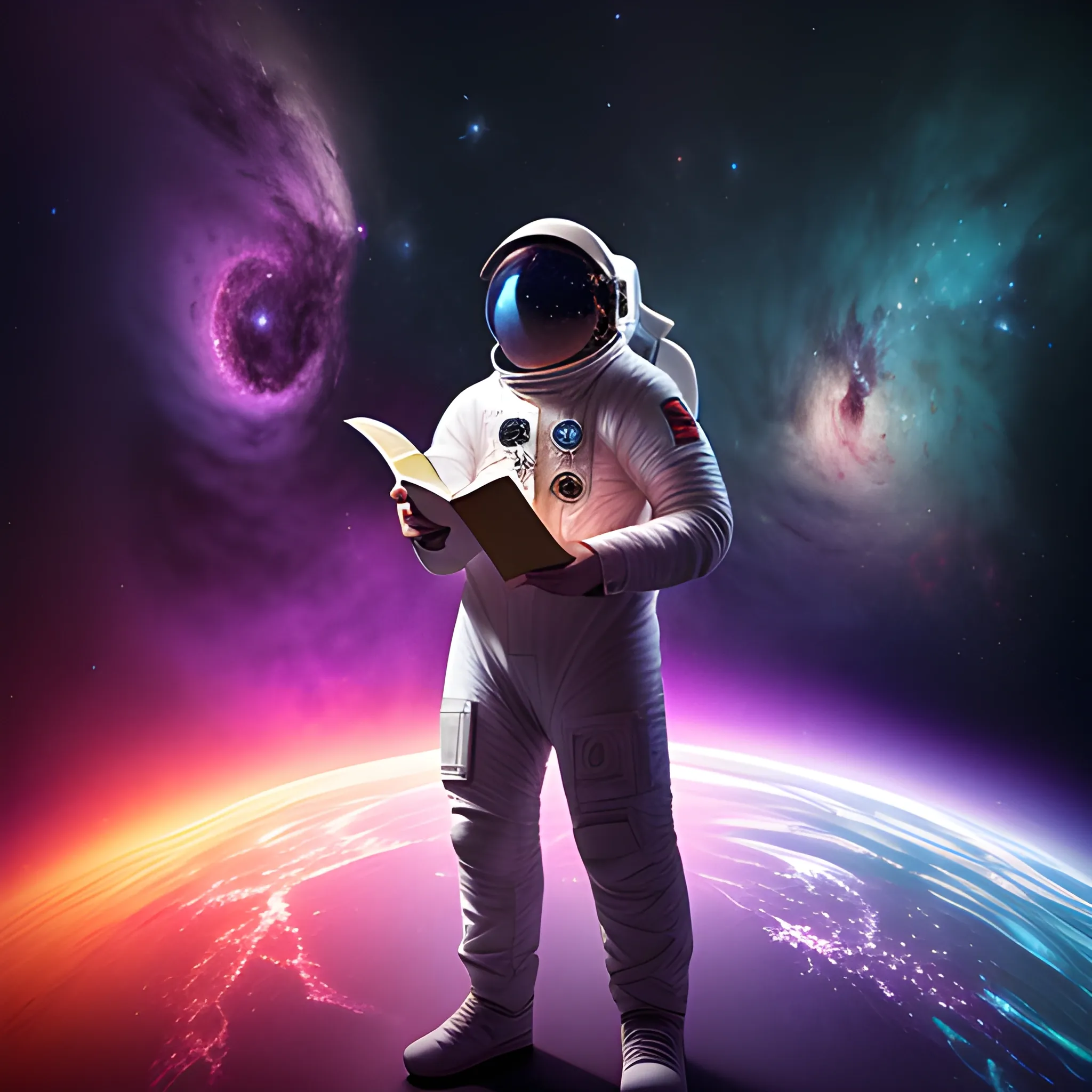 Create a photorealistic image of an astronaut that fills the screen, holding a book in their hands and standing in the midst of a vibrant nebula of swirling colors.  