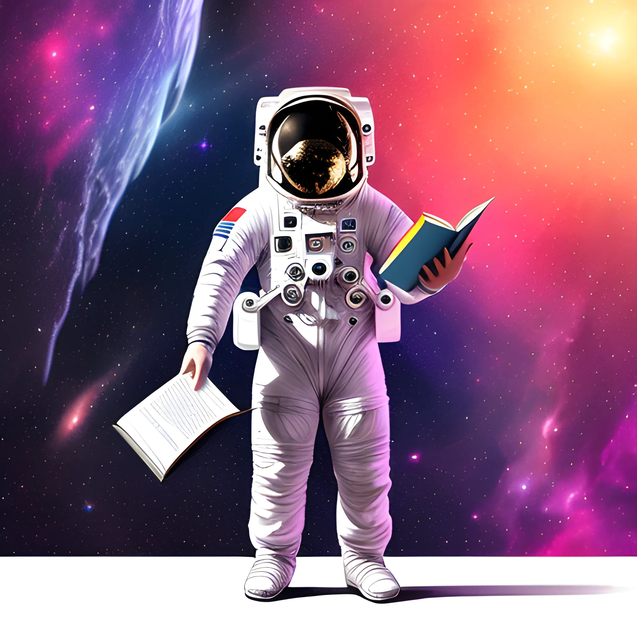 Create a photorealistic image of an astronaut that fills the screen, holding a book in their hands and standing in the midst of a vibrant nebula of swirling colors.  , Pencil Sketch