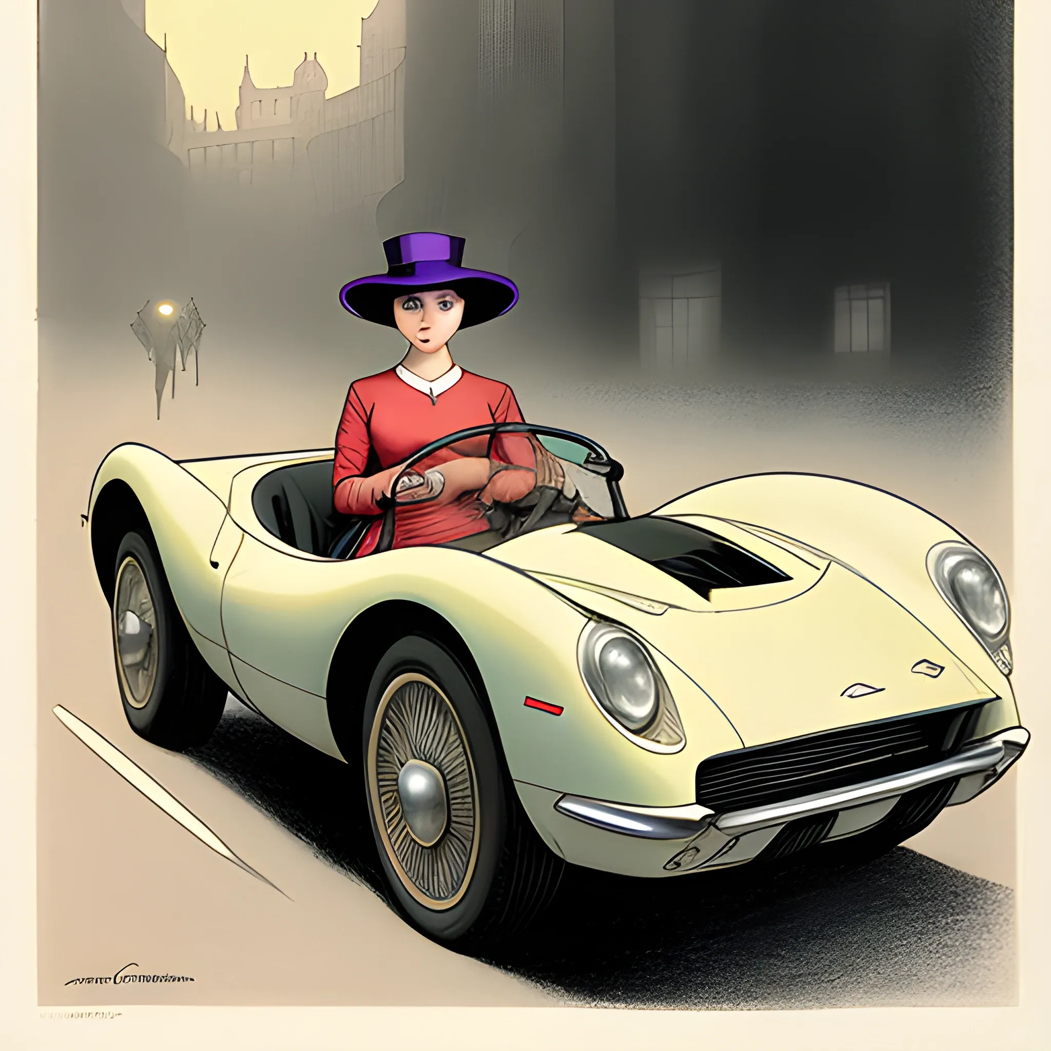 [art by Frederick Cayley Robinson, (art by Don Maitz:1.0):7], Fractal, medium shot of a Supple rotund Audrey Hepburn driving a Muscle car, wearing Countess Top hat, Foggy, Cel shaded, Hipster Art, F/5, Kodak Ektar, Pencil Sketch