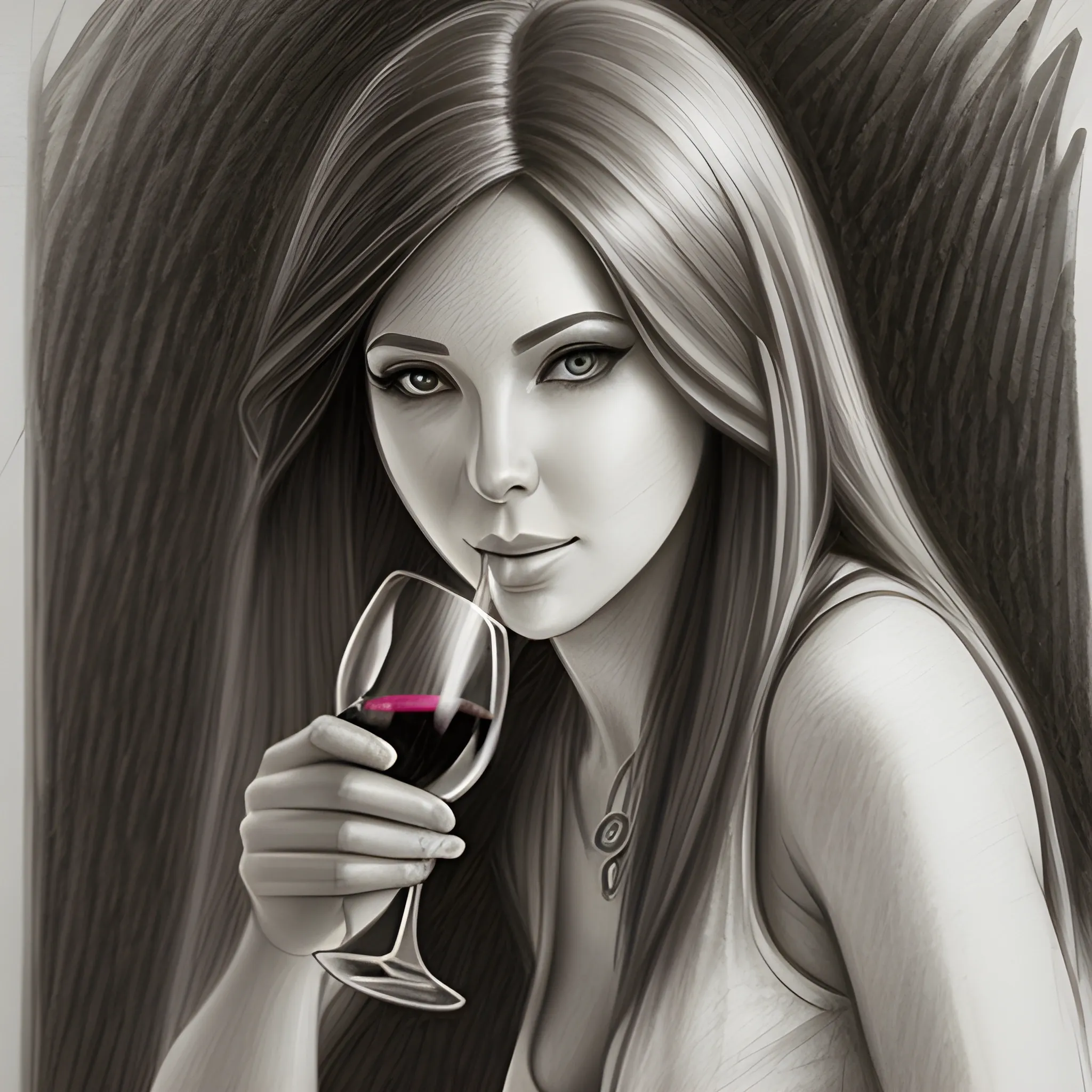 Beatiful woman drinking wine , Pencil Sketch - Arthub.ai
