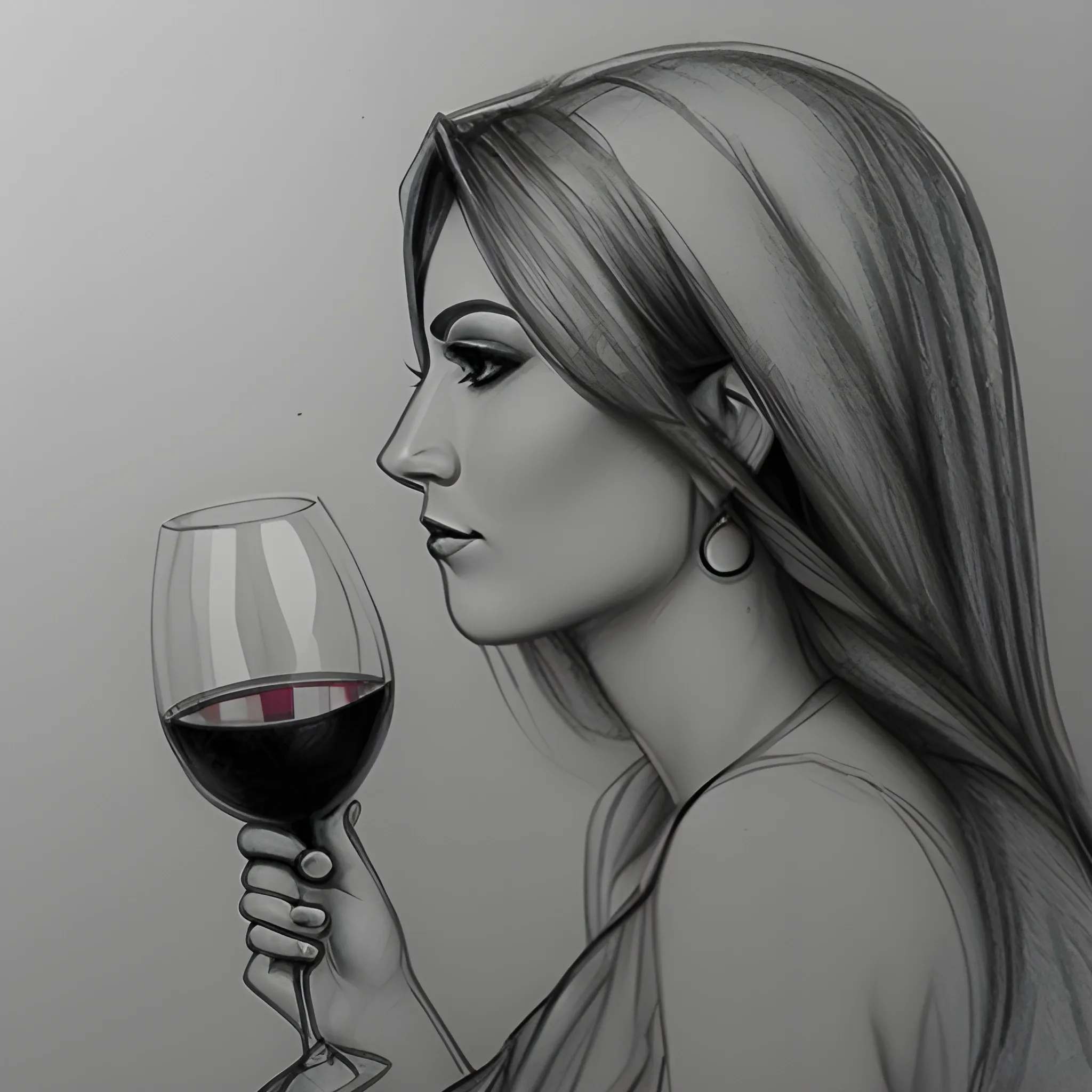 Beatiful woman drinking wine , Pencil Sketch - Arthub.ai