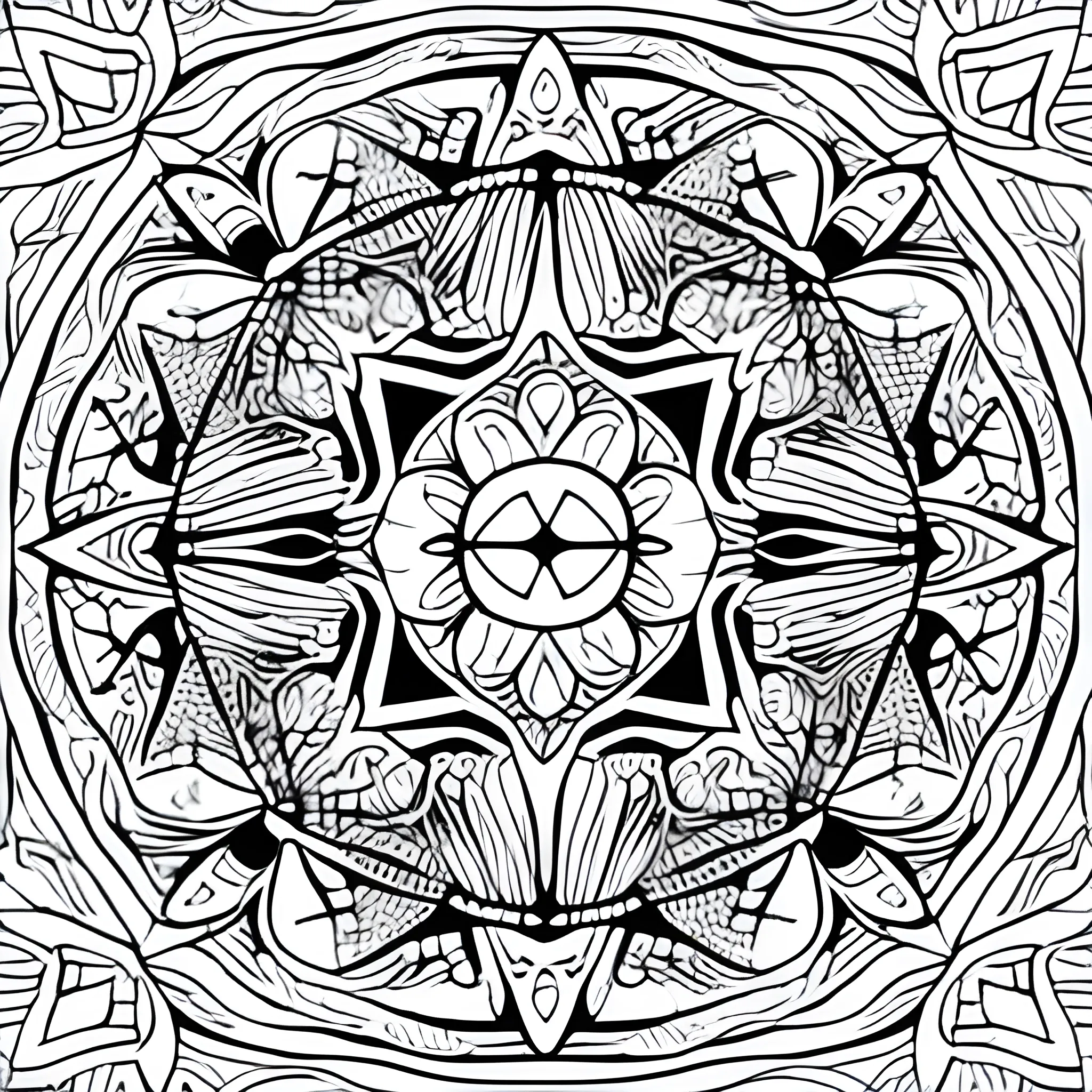  Coloring page for adults, bold lines, dark lines, mandala puppy body, mandala cat face, mandala face, symmetrical, white background, clean line art, fine line art