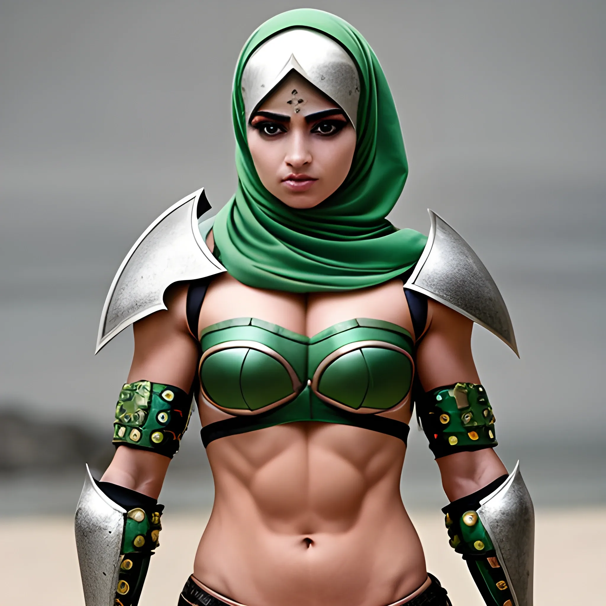 chica hermosa hijab con abdominales definidos  con armadura medieval  y ojos verdes y calzas obra maestra altamente detallada 4k  con maquillaje pesado con un poco de cabello saliendo del hijab cara de modelo pómulos altos