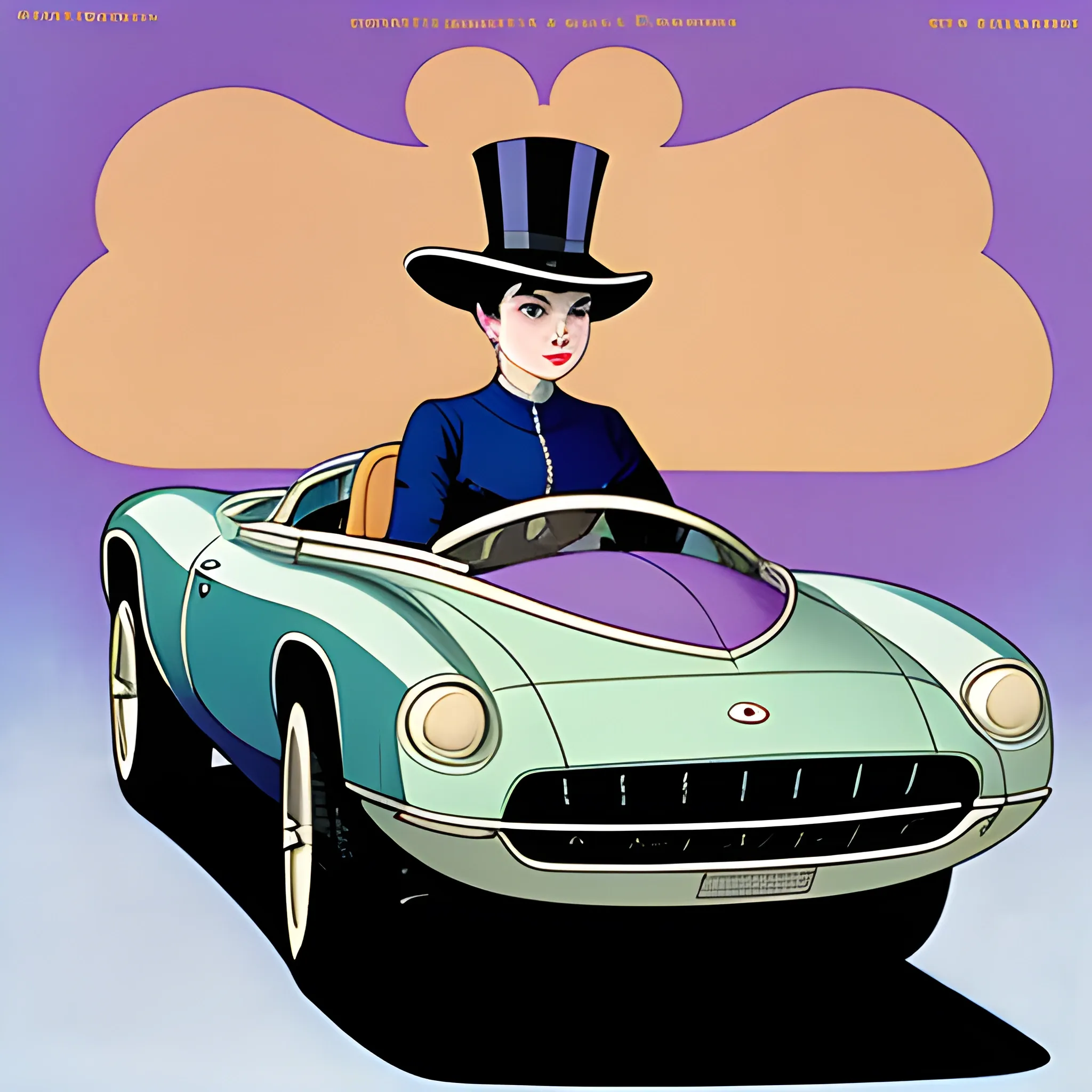 [art by Frederick Cayley Robinson, (art by Don Maitz:1.0):7], Fractal, medium shot of a Supple rotund Audrey Hepburn driving a Muscle car, wearing Countess Top hat, Foggy, Cel shaded, Hipster Art, F/5, Kodak Ektar, Cartoon