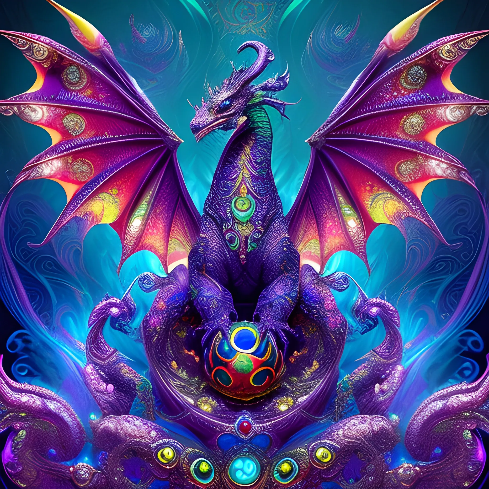  dragon , fire psychedelic, cute eyes, dragon wings, bear claws, peacock feathers, filigree laser fractal details, glistening shiny scales, intricate ornate hypermaximalist sharp focus, dramatic lighting, highly detailed and intricate, hyper maximalist, ornate, photographic style, luxury, elite, haunting matte painting, cinematic, Trippy