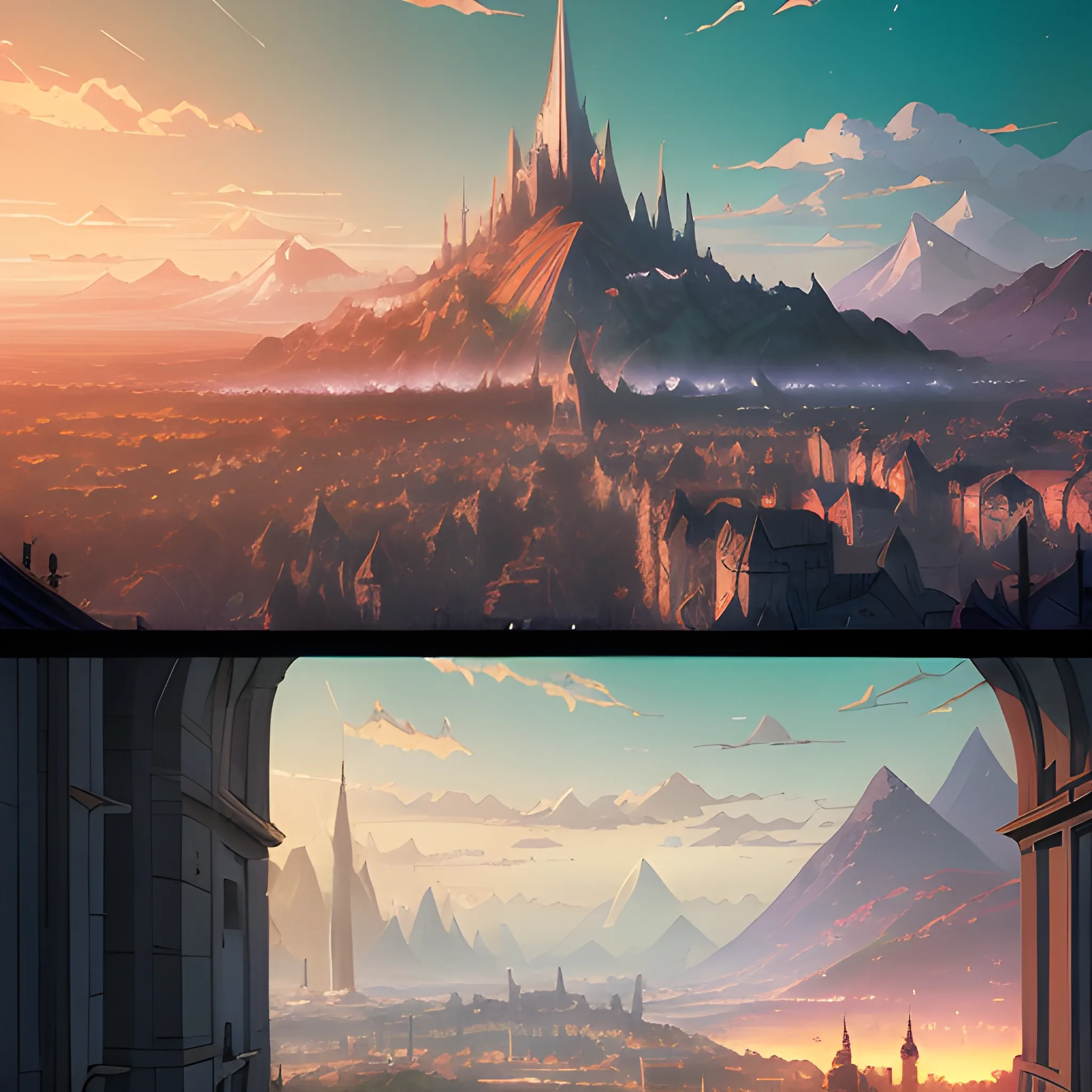 Authentic illustrations of different cities in The Lord of the Rings,Magnificent super wide angle,high quality, 8k,high resolution, city landscape, side scrolling, Rule of Thirds, 4K, Retrofuturism,by makoto shinkai,Anton Fadeev, thomas kinkade,greg rutkowski