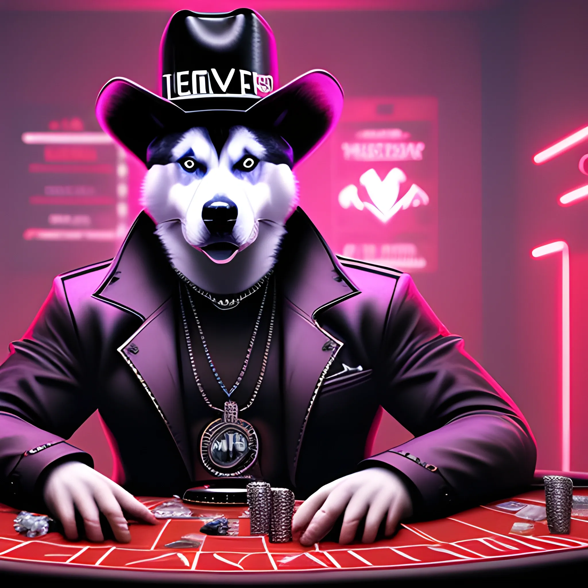 Husky siberiano, jugando al poker con sombrero de mafioso, realista, 4k, cyberpunk