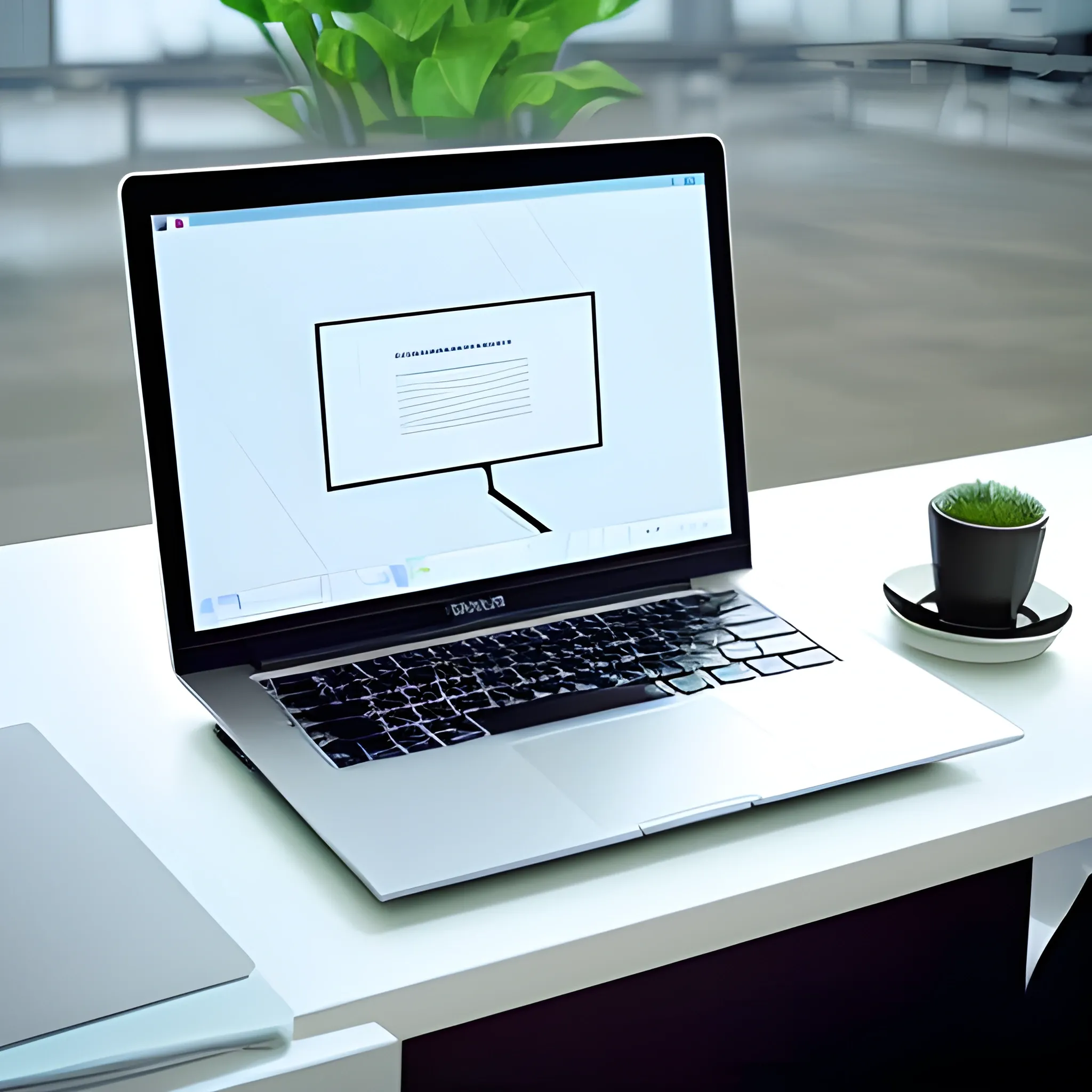 laptop on a desk. The laptop screen shows an architectural design. clear environment