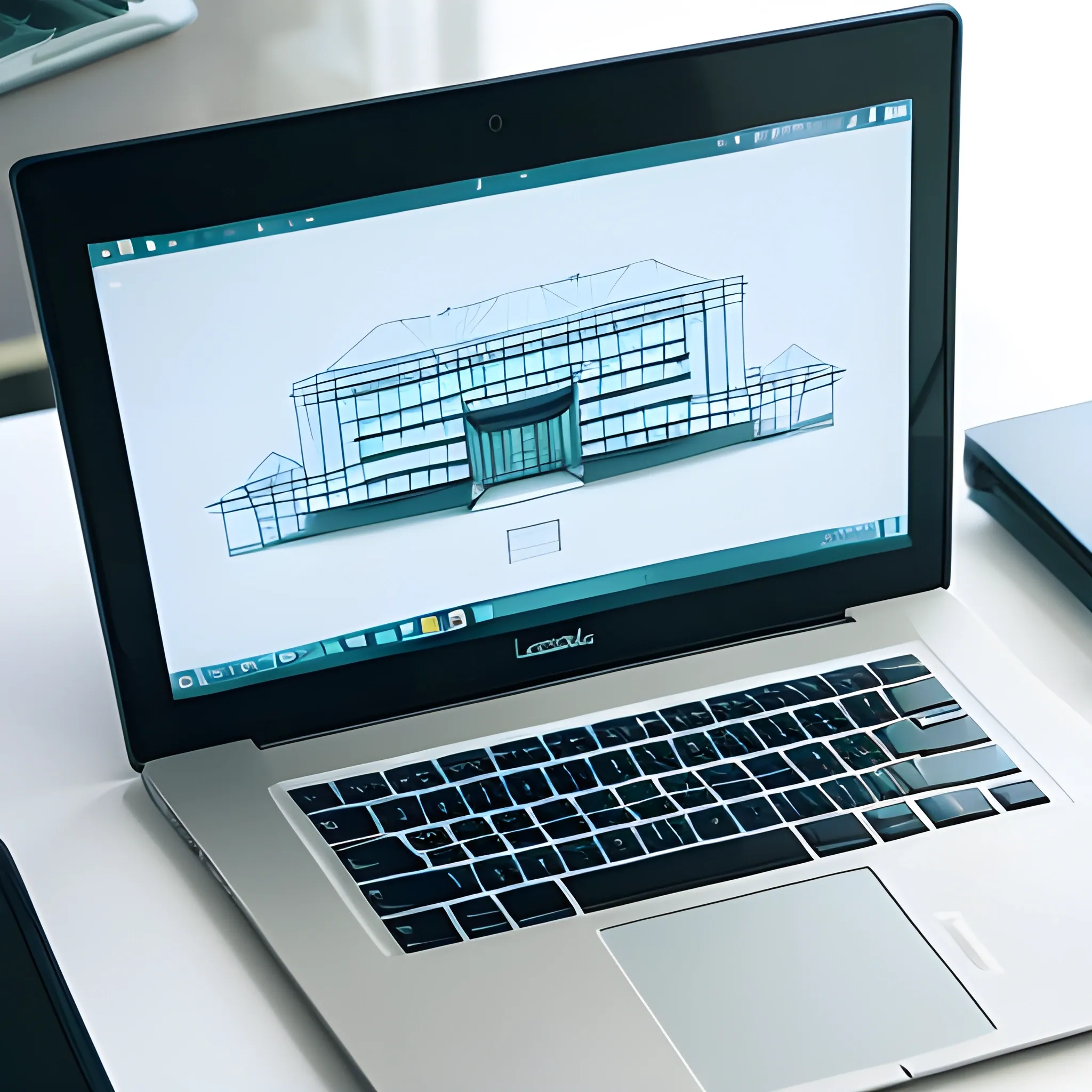 laptop on a desk. The laptop screen shows an architectural design. clear environment