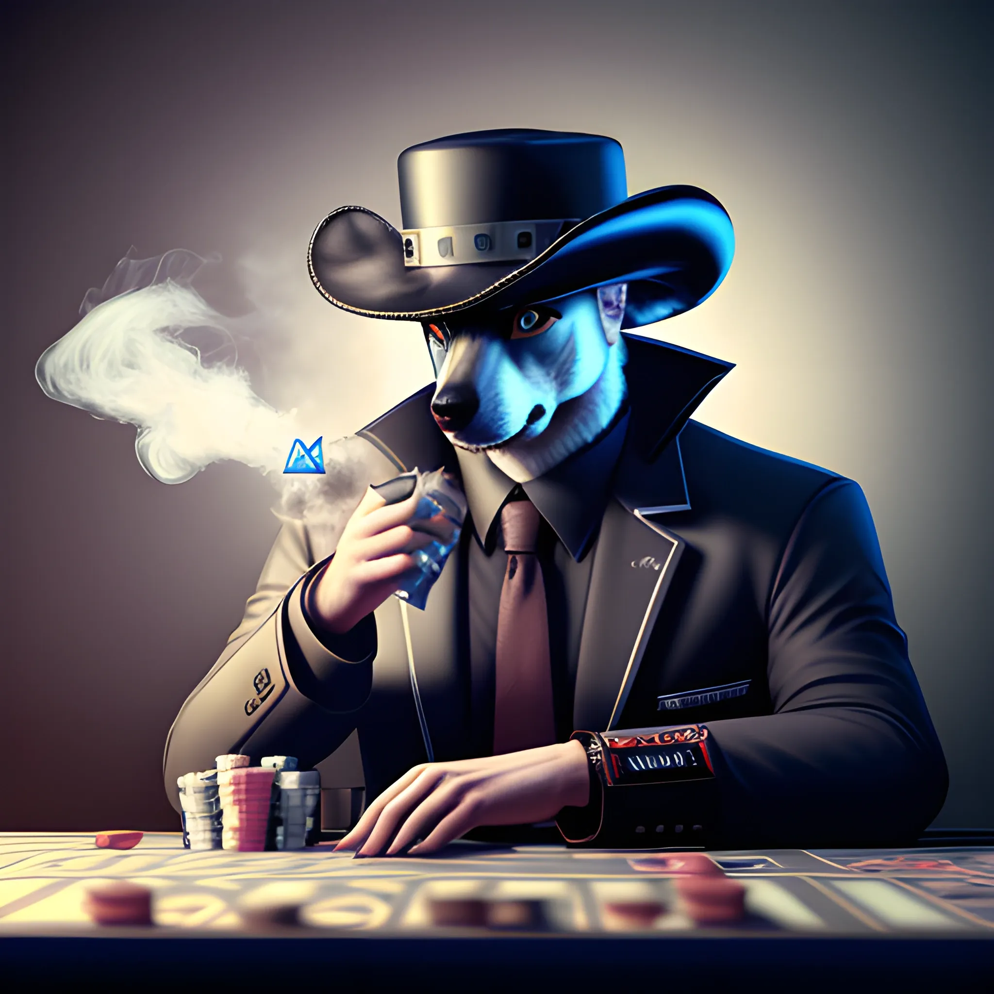 Husky siberiano, fumando puro, jugando al poker con sombrero de mafioso, realista, 4k, gracioso, cyberpunk