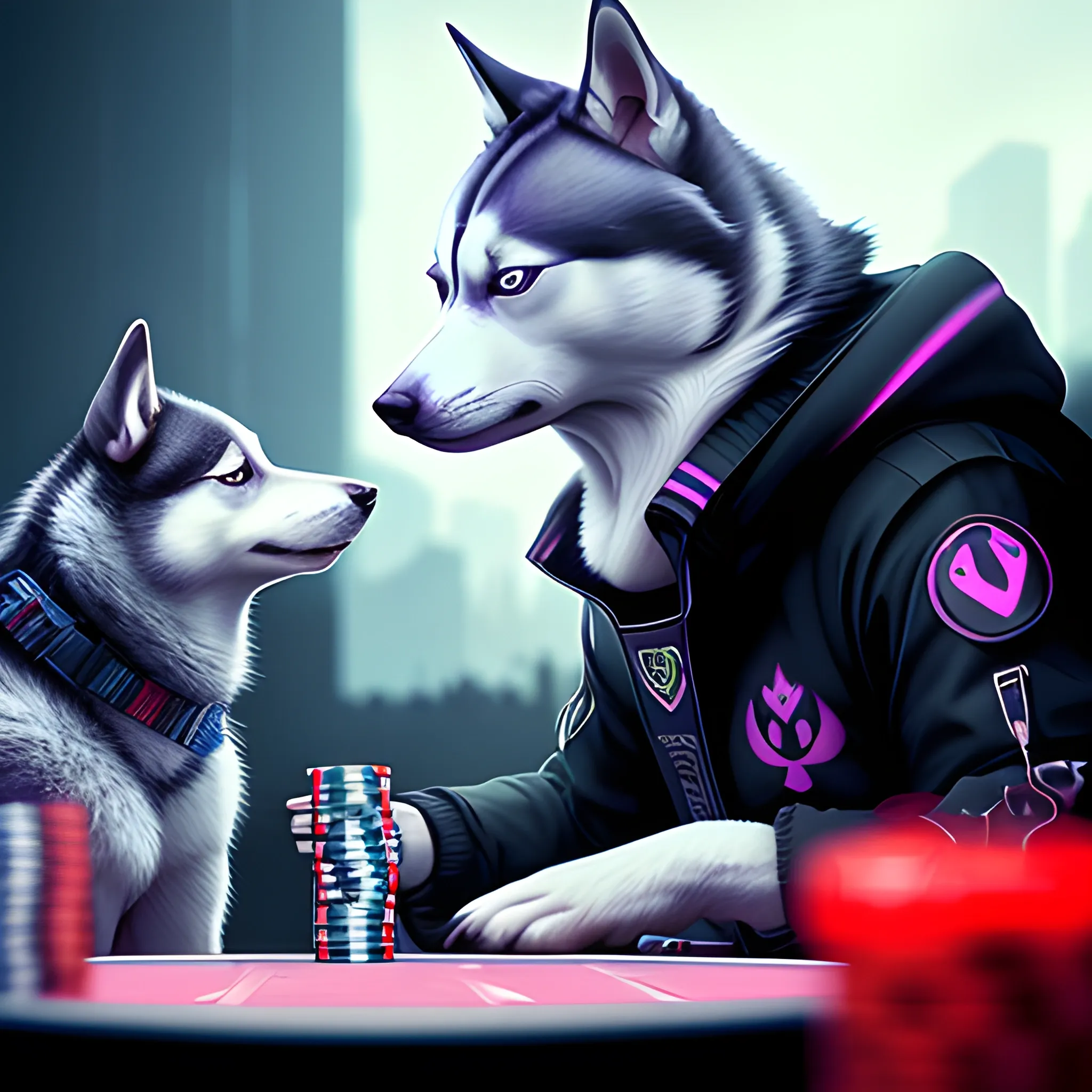 Husky siberiano, fumando puro, jugando al poker contra un gato, realista, 4k, gracioso, cyberpunk