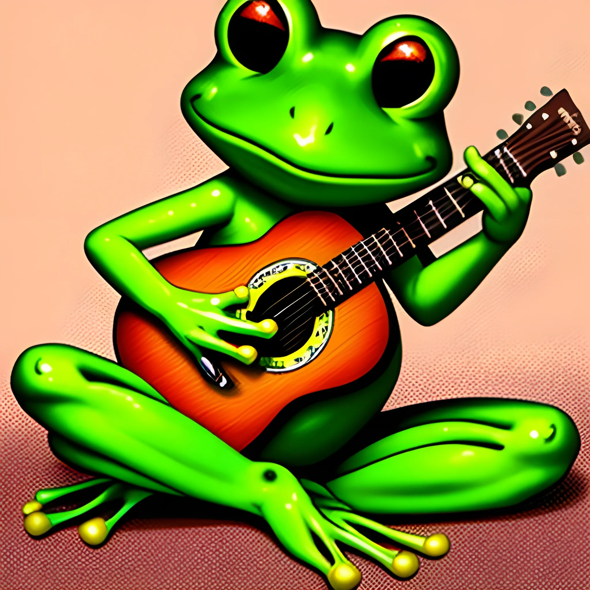 cute Leggy frog playing guitar, big eyes, Cartoon