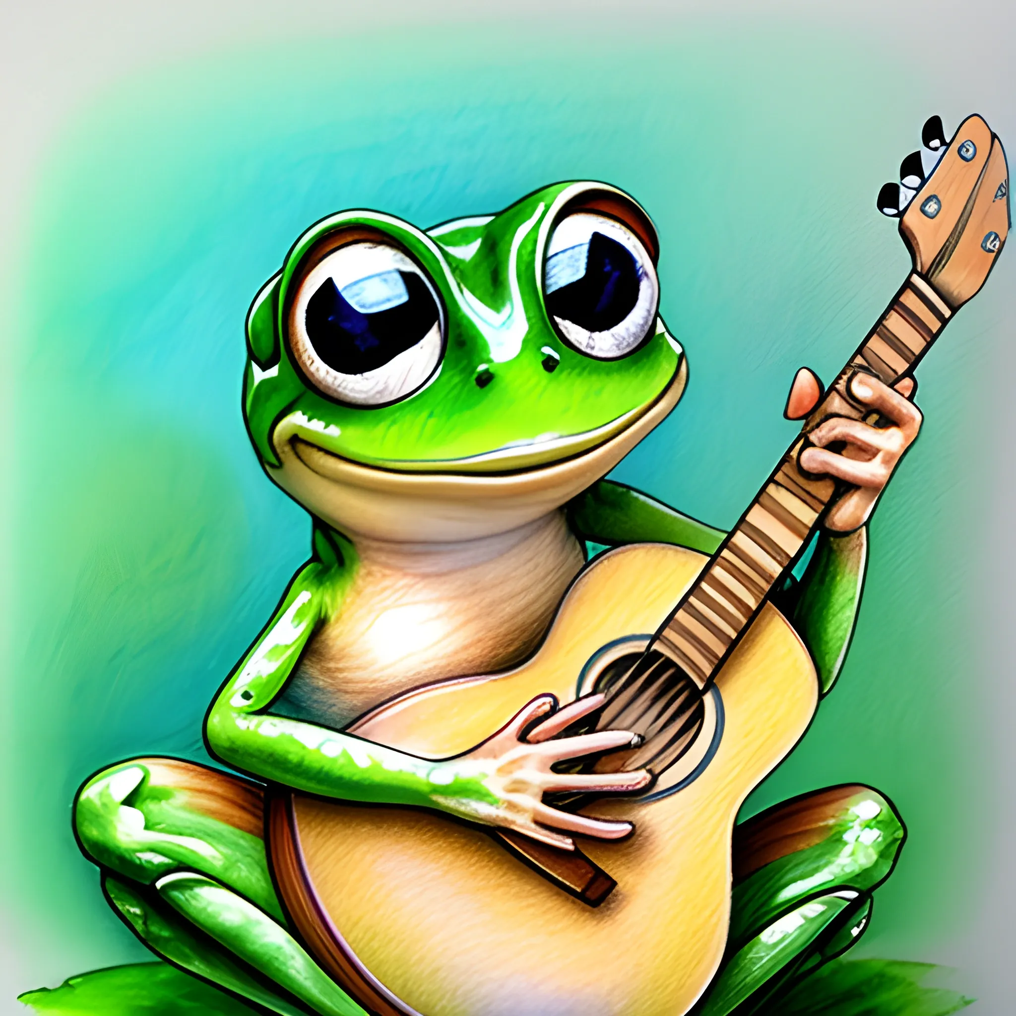 cute Leggy frog playing guitar, big eyes, Water Color, Pencil Sketch