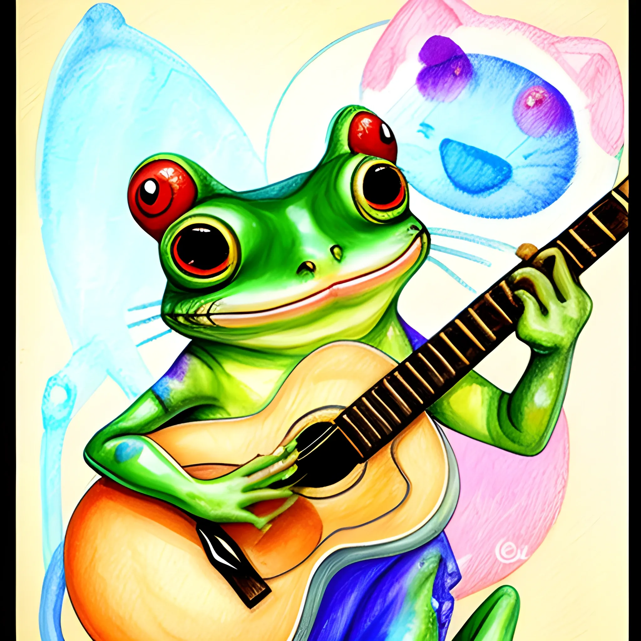 cute cat frog playing guitar, big eyes, Water Color, Pencil Sketch , Oil Painting