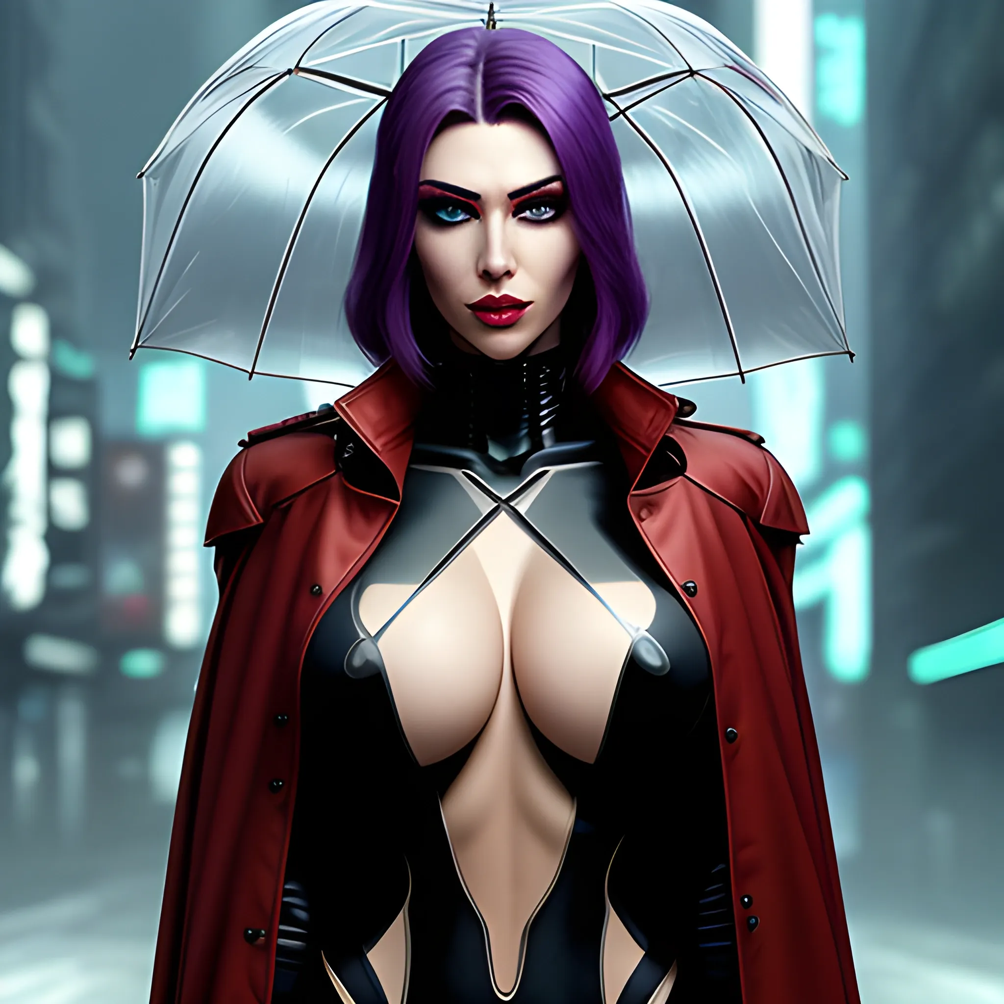 realistic, masterpiece, best quality, beautiful girl in cyberpunk style, realistic face, detailed skin, in wearing only hot transparent see-through trench coat, full body view, viewed from the front, private Negative prompt: low resolution, low quality, worst quality, blurred eyes and face, (cross eyed), ((unsharp)), (extra fingers), (missing fingers), low detail, deformed body and limbs, disfigured face and fingers, extra limbs, extra fingers, reddish eyes, extra digit, (matte finish), text, asymmetrical eyes, thick eyebrows, cape, umbrella, china, big-areola