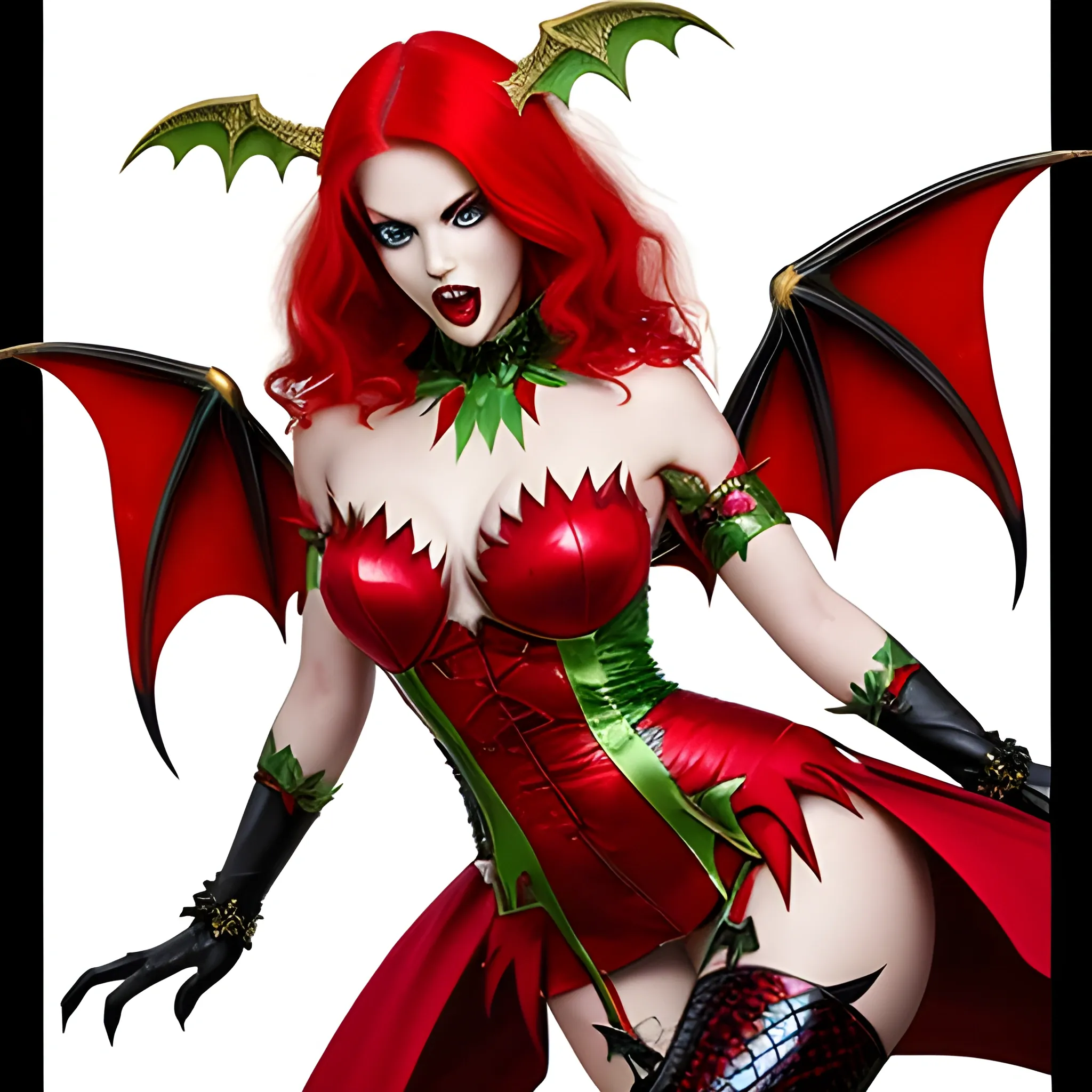 Photo of beautiful dragon-woman. Red dress. Green eyes, gold hair, green wings, black stockings, red high heeled shoes, sharp teeth, claws