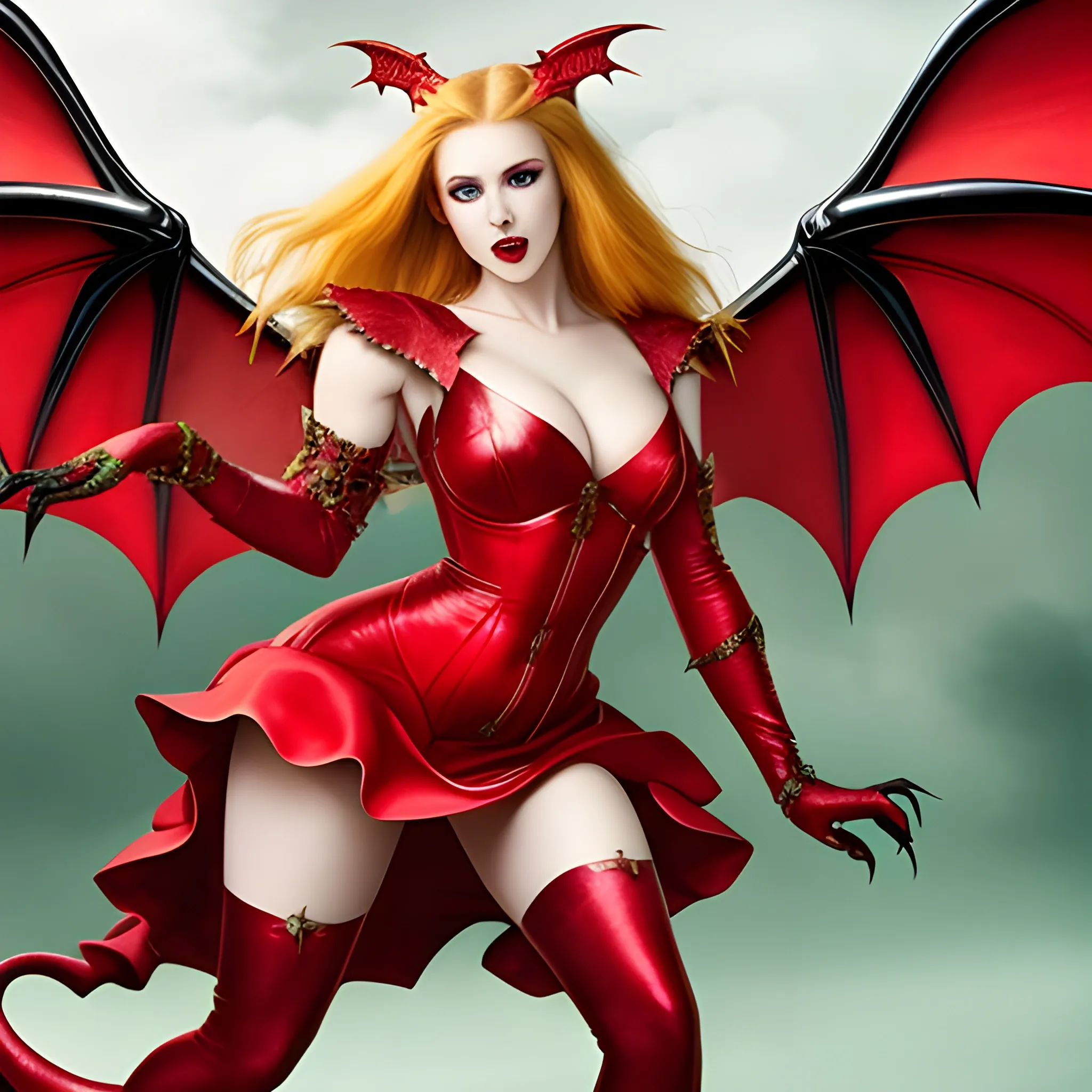 Photo of beautiful dragon-woman. Red dress. Green eyes, golden hair, green wings, black stockings, red high heeled shoes, sharp teeth, clawed hands, majestic, flying