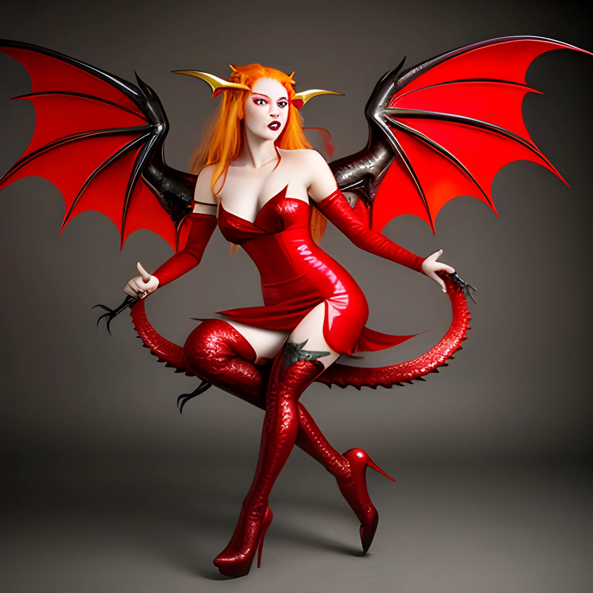 Photo of beautiful dragon-woman. Red dress. Green eyes, golden hair, green wings, black stockings, red high heeled shoes, sharp teeth, clawed hands, majestic, terrible, scary, eating noodles