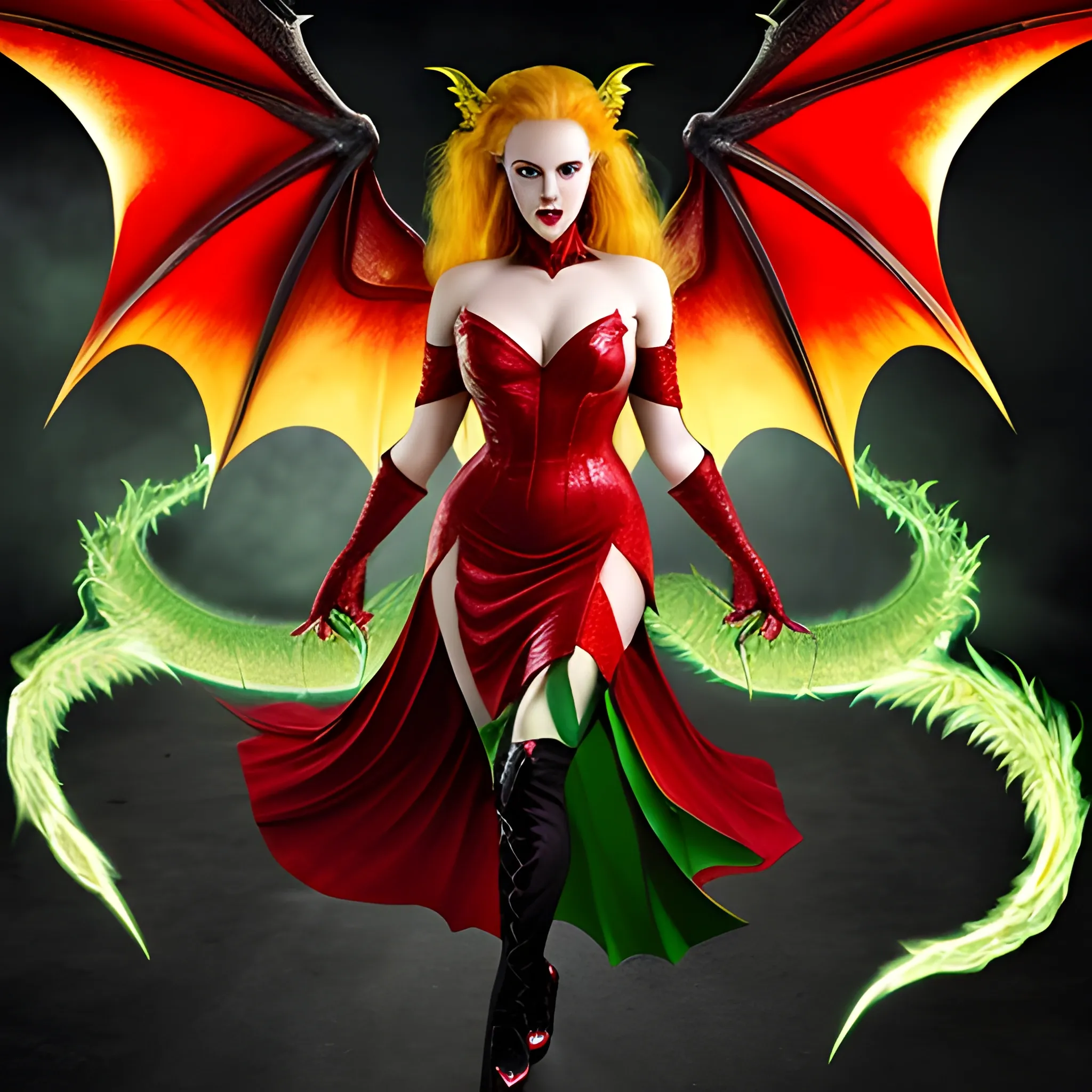 Photo of beautiful dragon-woman. Red dress. Green eyes, golden hair, green wings, black stockings, red high heeled shoes, sharp teeth, clawed hands, majestic, terrible, scary, breathing fire, lightning
