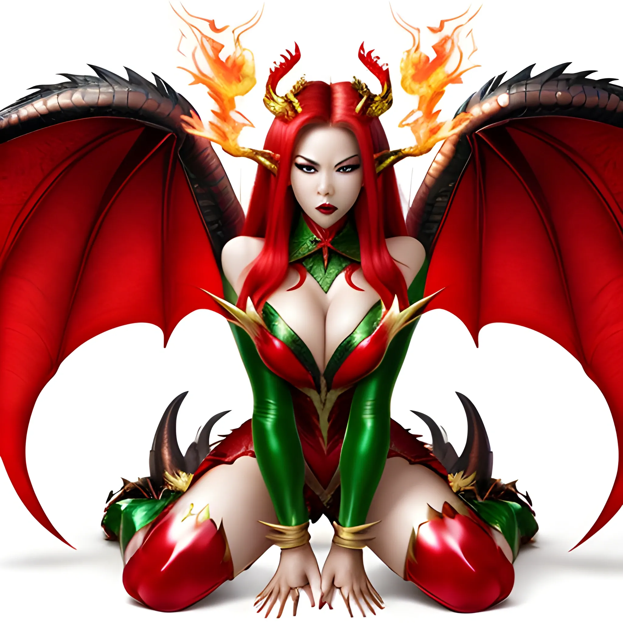 Photo of beautiful asian dragon-woman. Red dress. Green eyes, golden hair, green wings, black stockings, red high heeled shoes, sharp teeth, clawed hands, majestic, terrible, scary, breathing fire, lightning