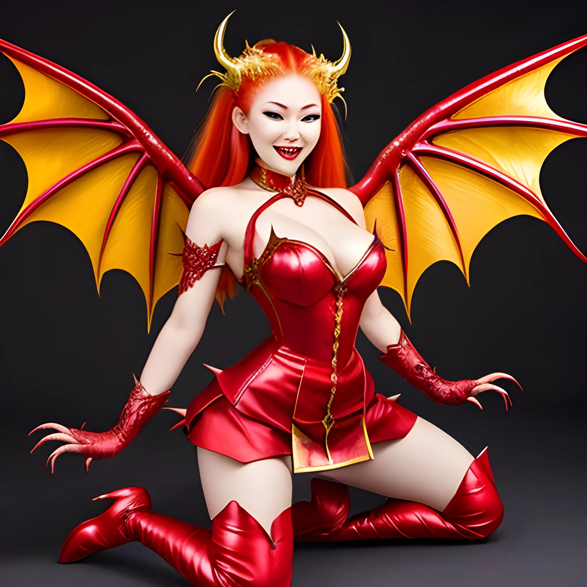 Photo of beautiful asian dragon-woman. Red dress. Green eyes, golden hair, green wings, black stockings, red high heeled shoes, sharp teeth, clawed hands, majestic, terrible, scary, breathing fire, lightning, kneeling, smiling, happy, pleasure