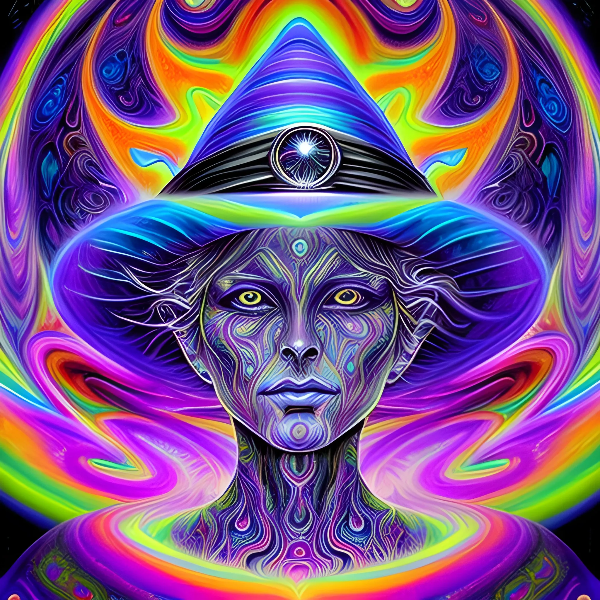 mysterious witch, incredible ultra dimensional psychedelic experience time, while tripping on dmt, energy waves, trippy melting eyes, overwhelming psychosis of self - realization and burning awakening, masterpiece composition, by barclay shaw, louis dyer, pablo amaringo , Pencil Sketch