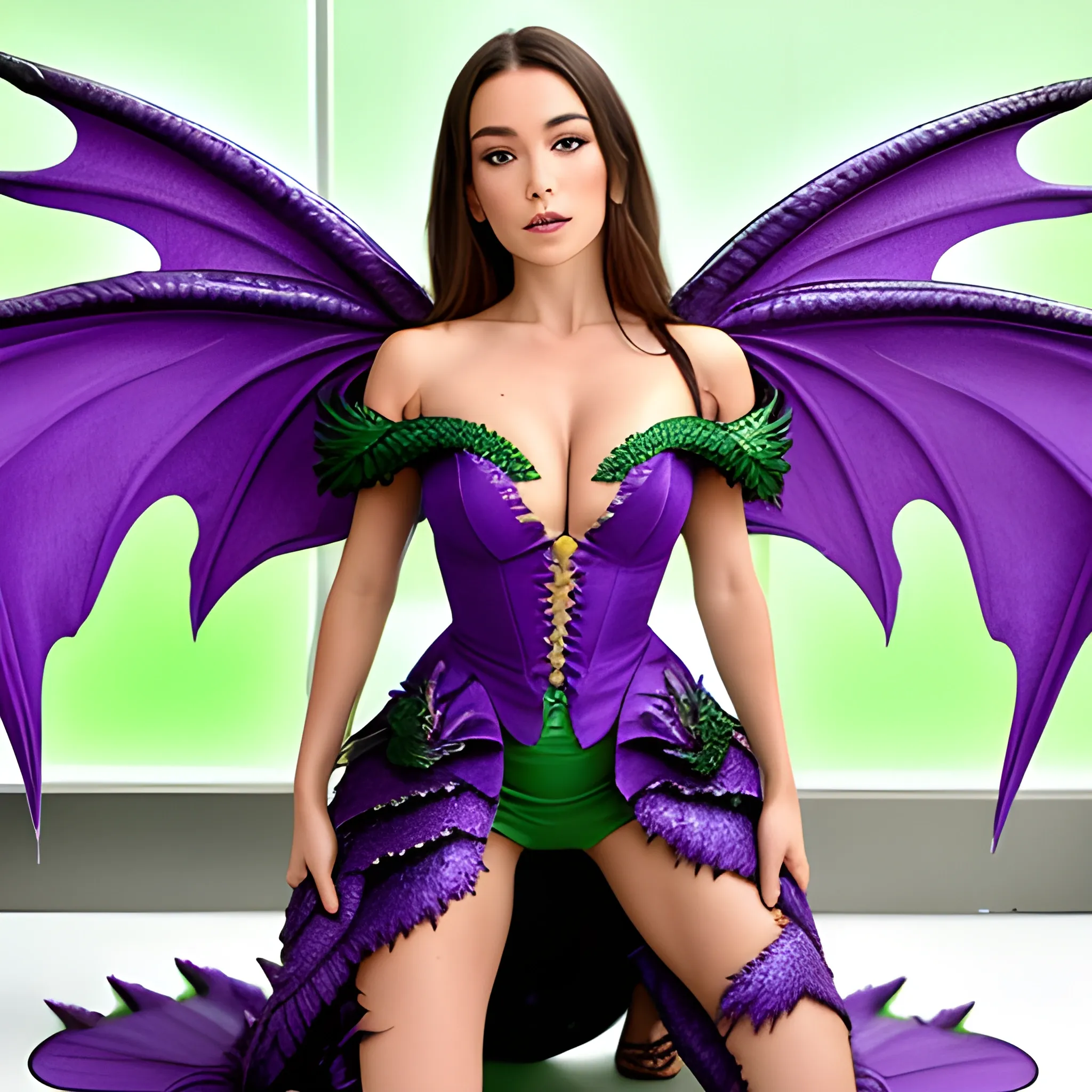 Sophia vegara as kneeling dragon lady, purple wings, green dress