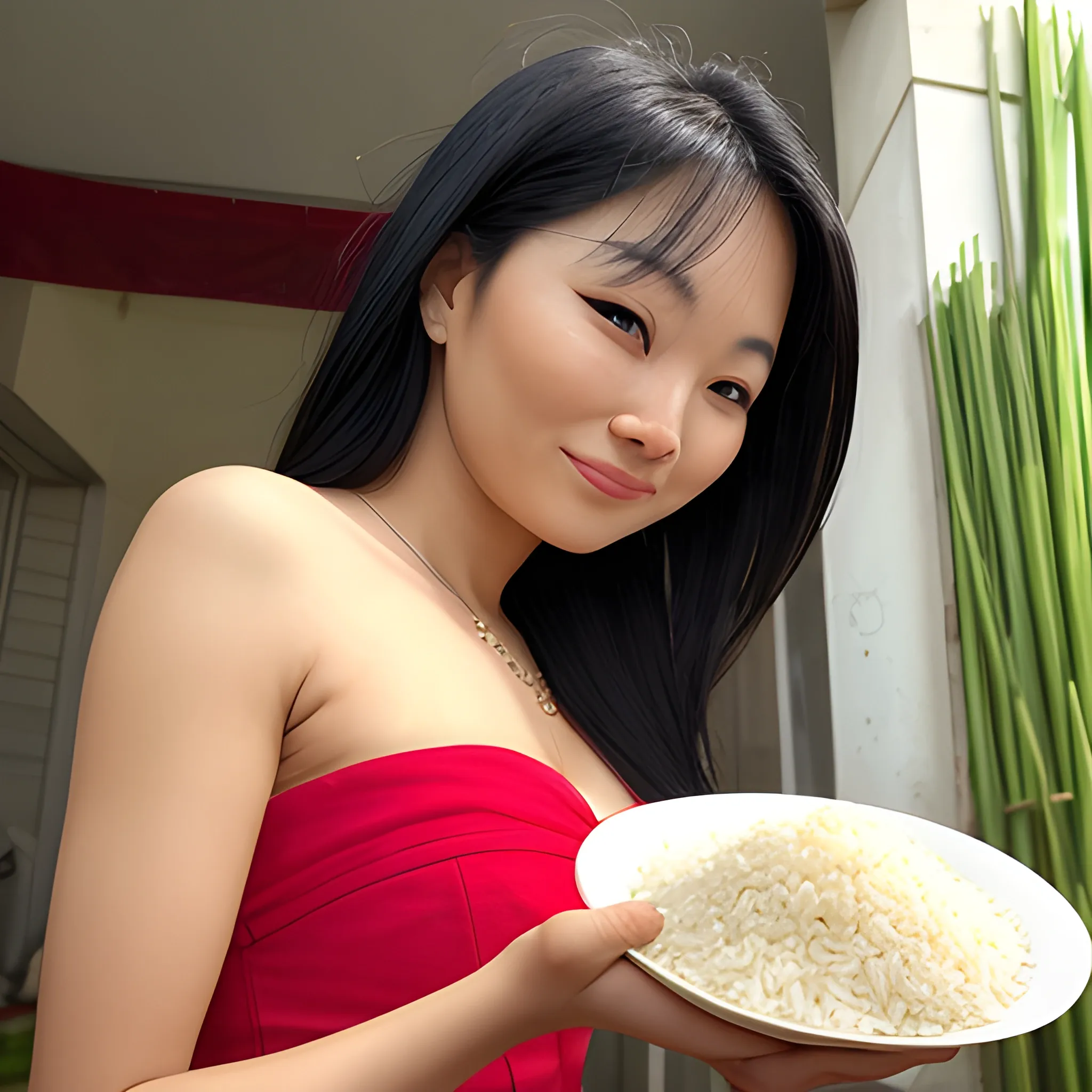 Beautiful lady eating rice