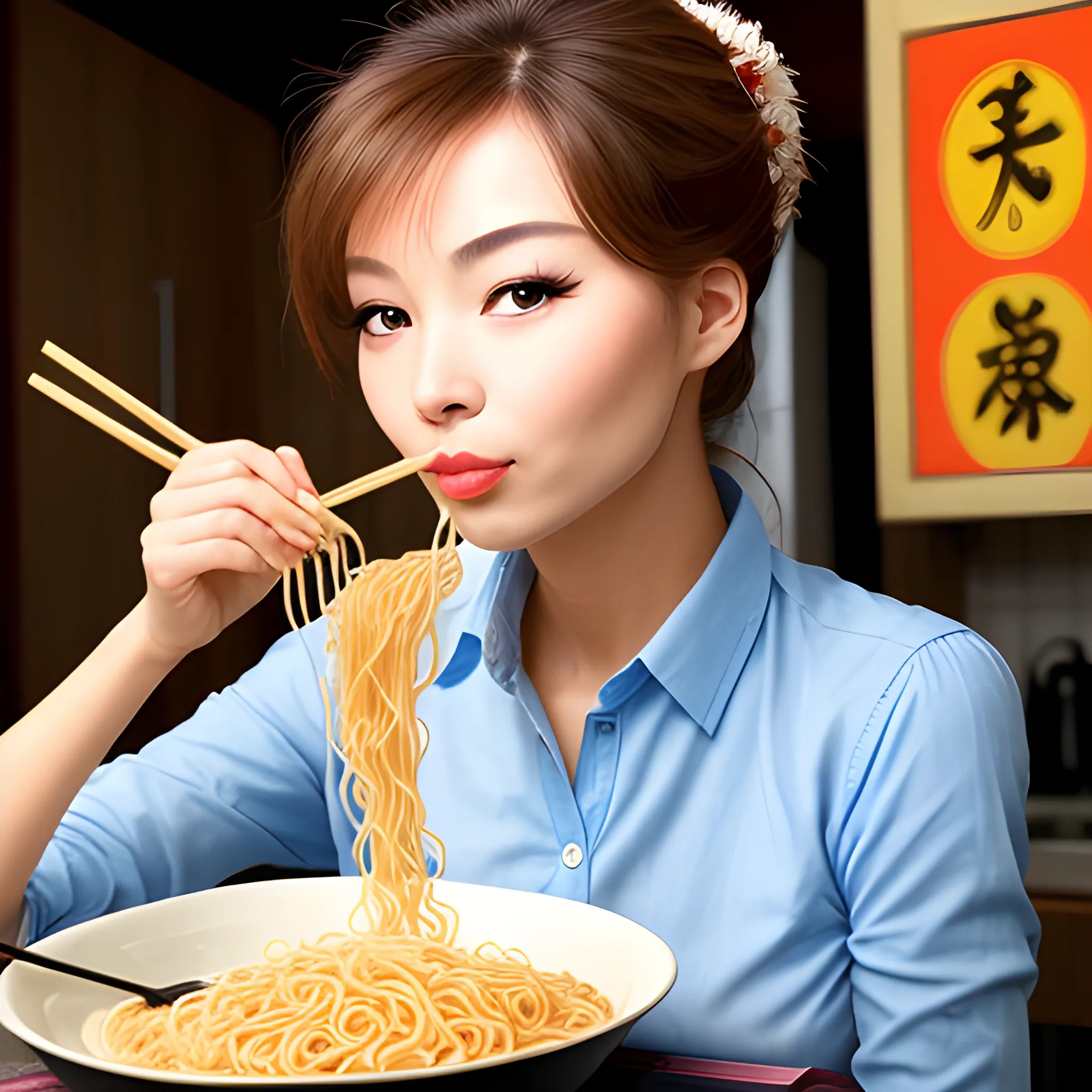 Beautiful lady eating noodles