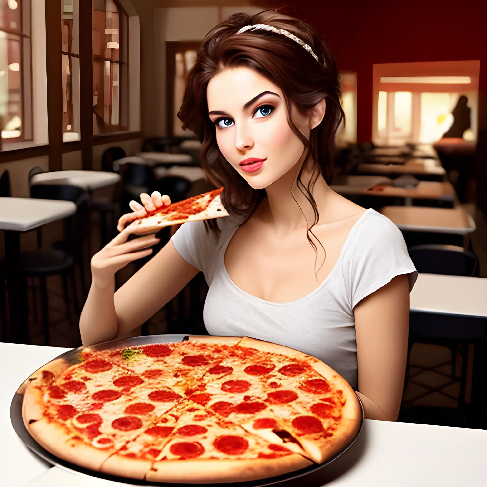 Beautiful lady eating pizza